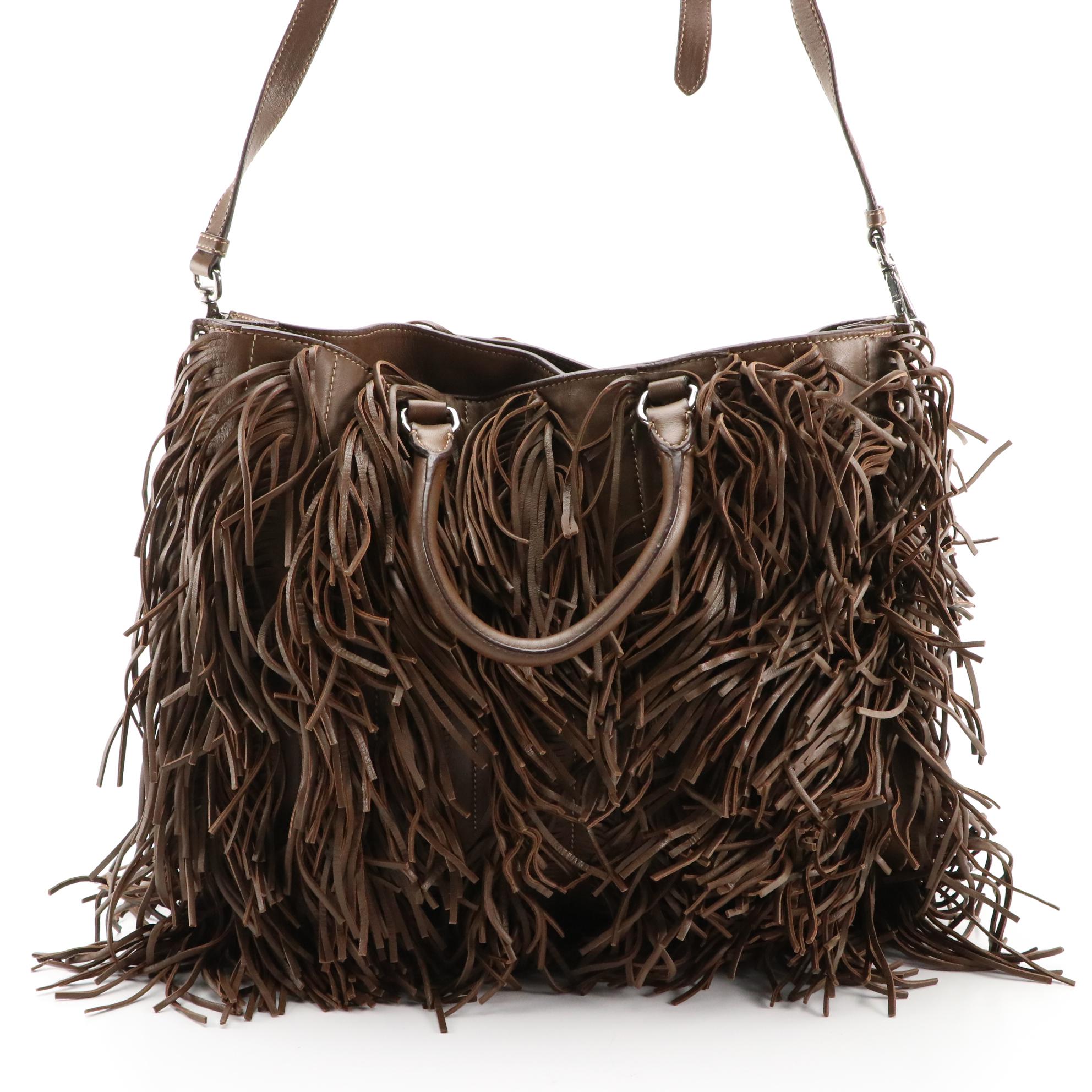 Prada Noce Nappa Brown Leather Fringe Covered Two-Way Tote Bag