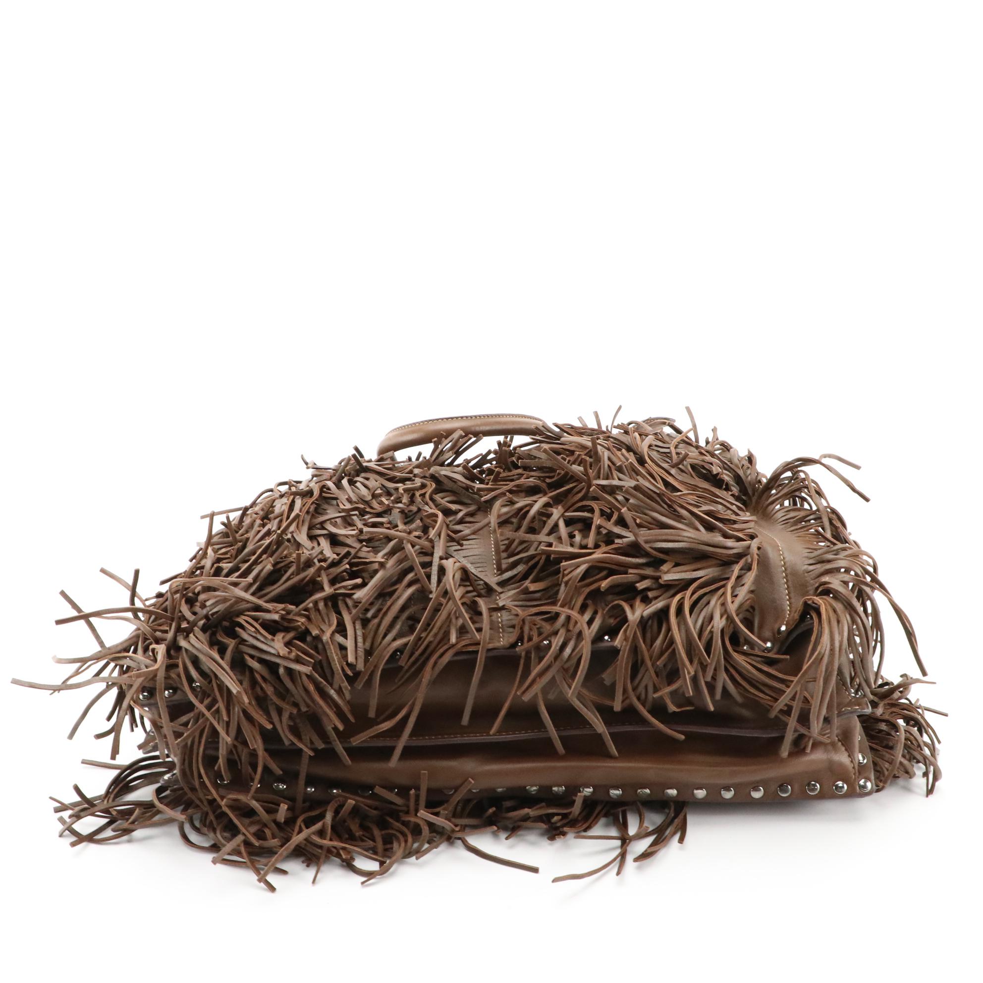 Prada Noce Nappa Brown Leather Fringe Covered Two-Way Tote Bag