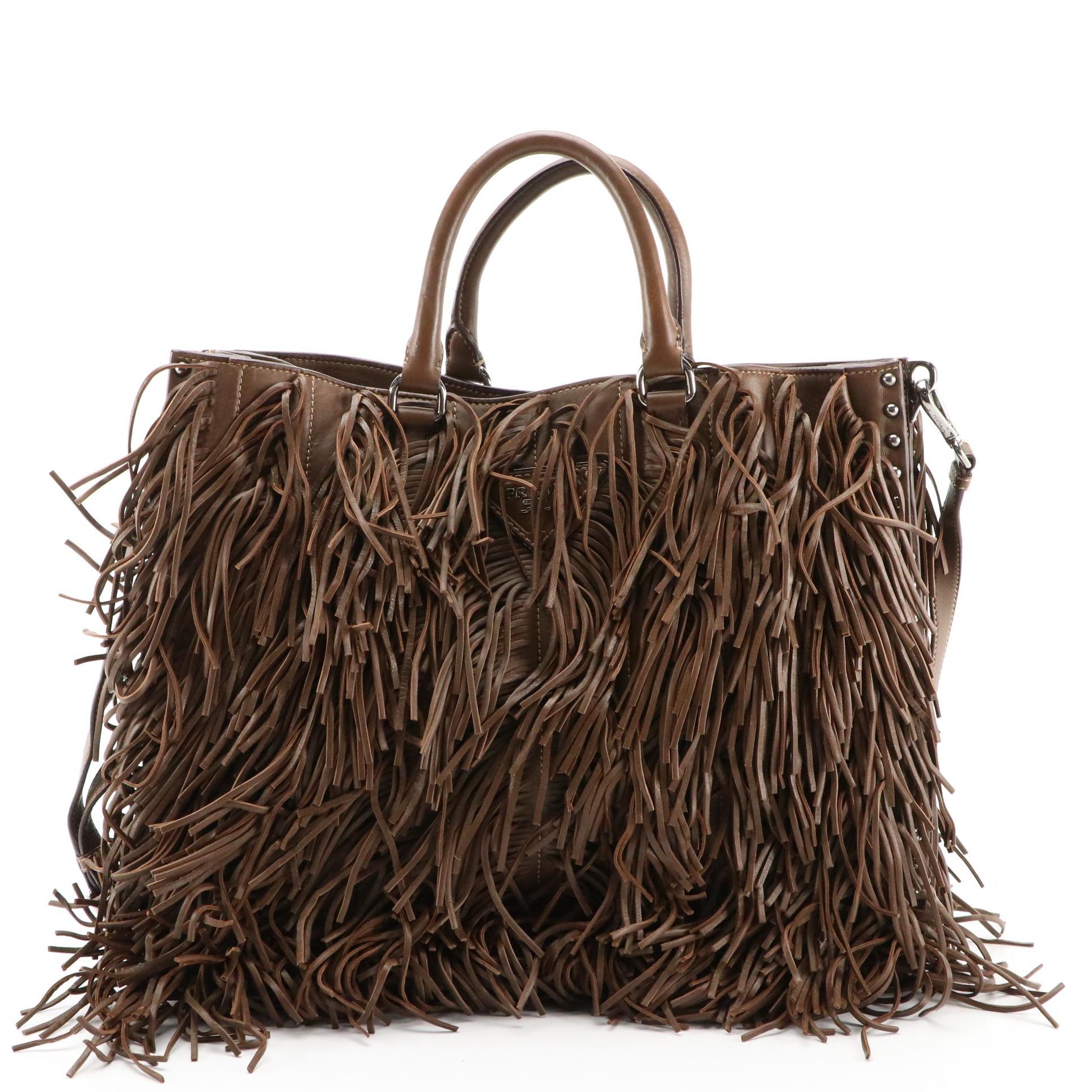 Prada Noce Nappa Brown Leather Fringe Covered Two-Way Tote Bag