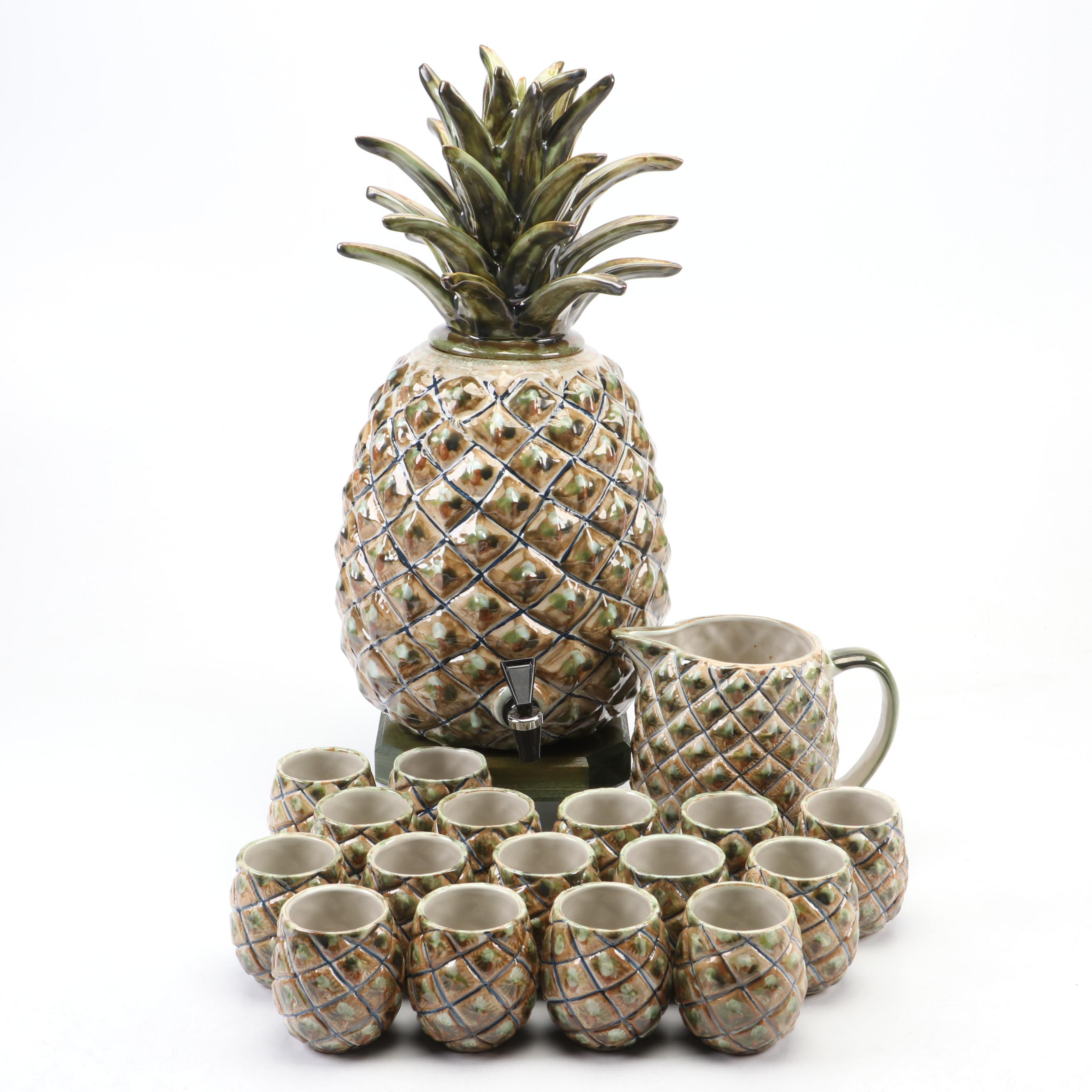 Louisville Stoneware Pineapple Ceramic Drink Dispenser, Pitcher and Cups