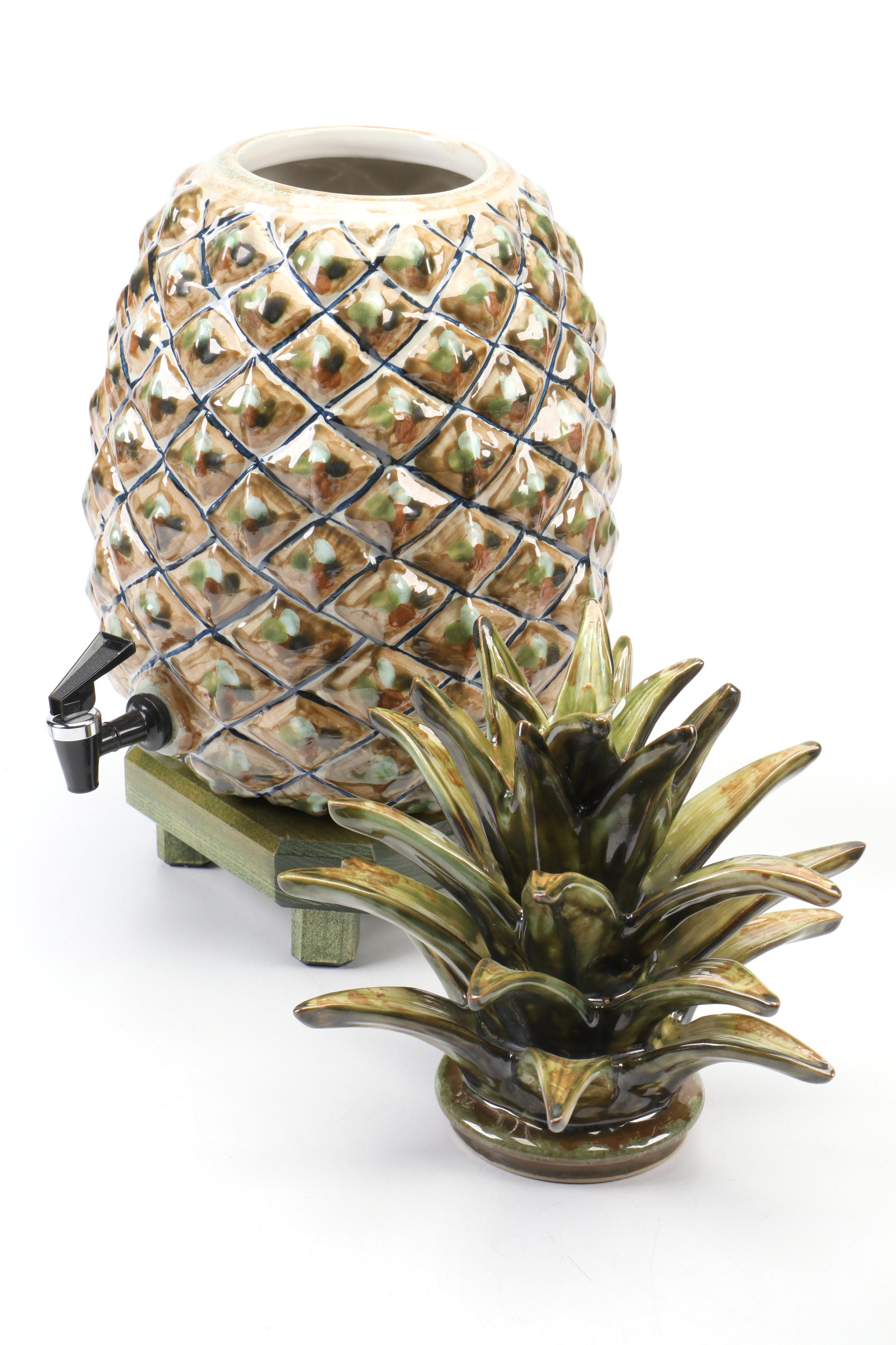 Louisville Stoneware Pineapple Ceramic Drink Dispenser, Pitcher and Cups