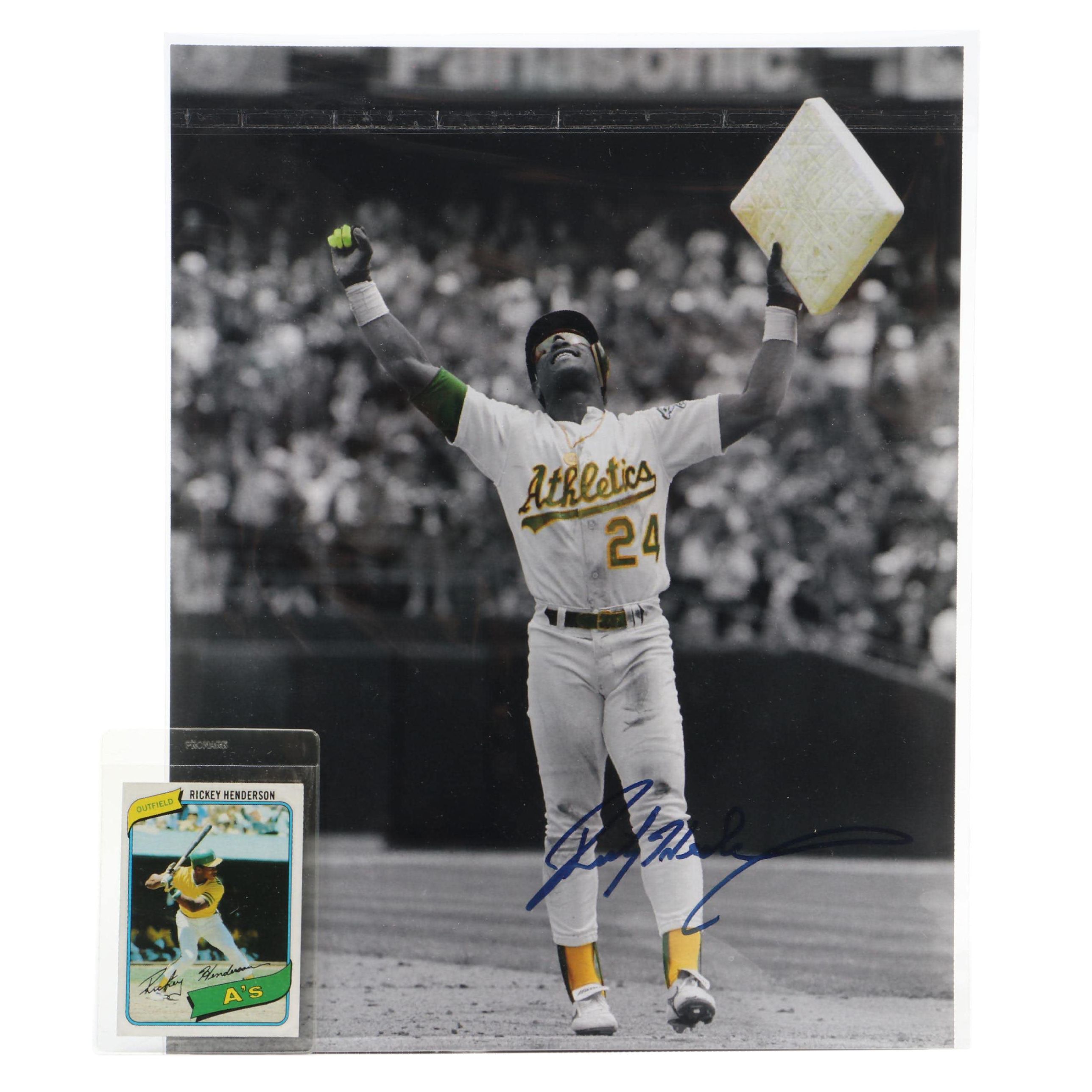 Rickey Henderson Signed Baseball Oakland A's Print with 1980 Topps Rookie Card