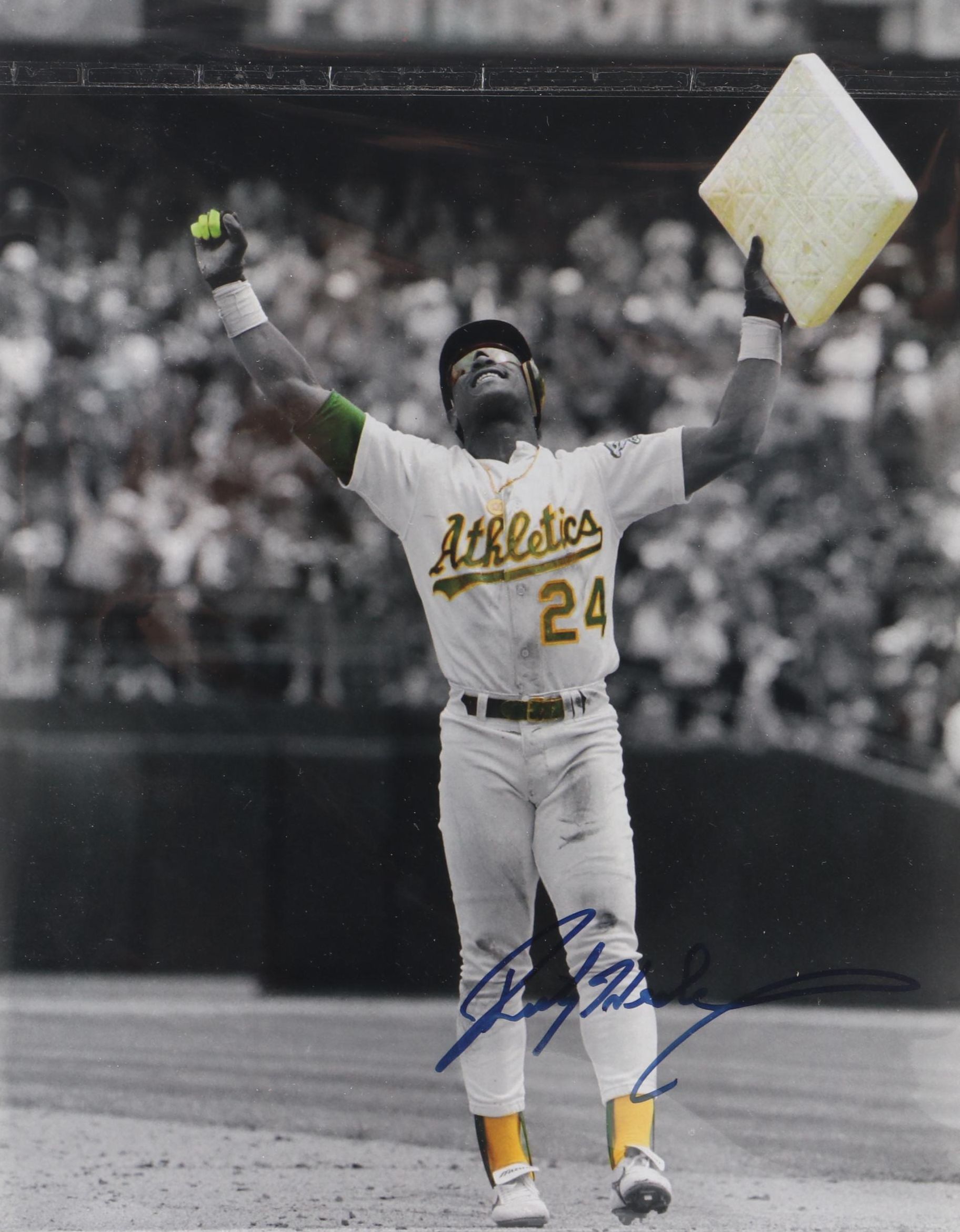 Rickey Henderson Signed Baseball Oakland A's Print with 1980 Topps Rookie Card