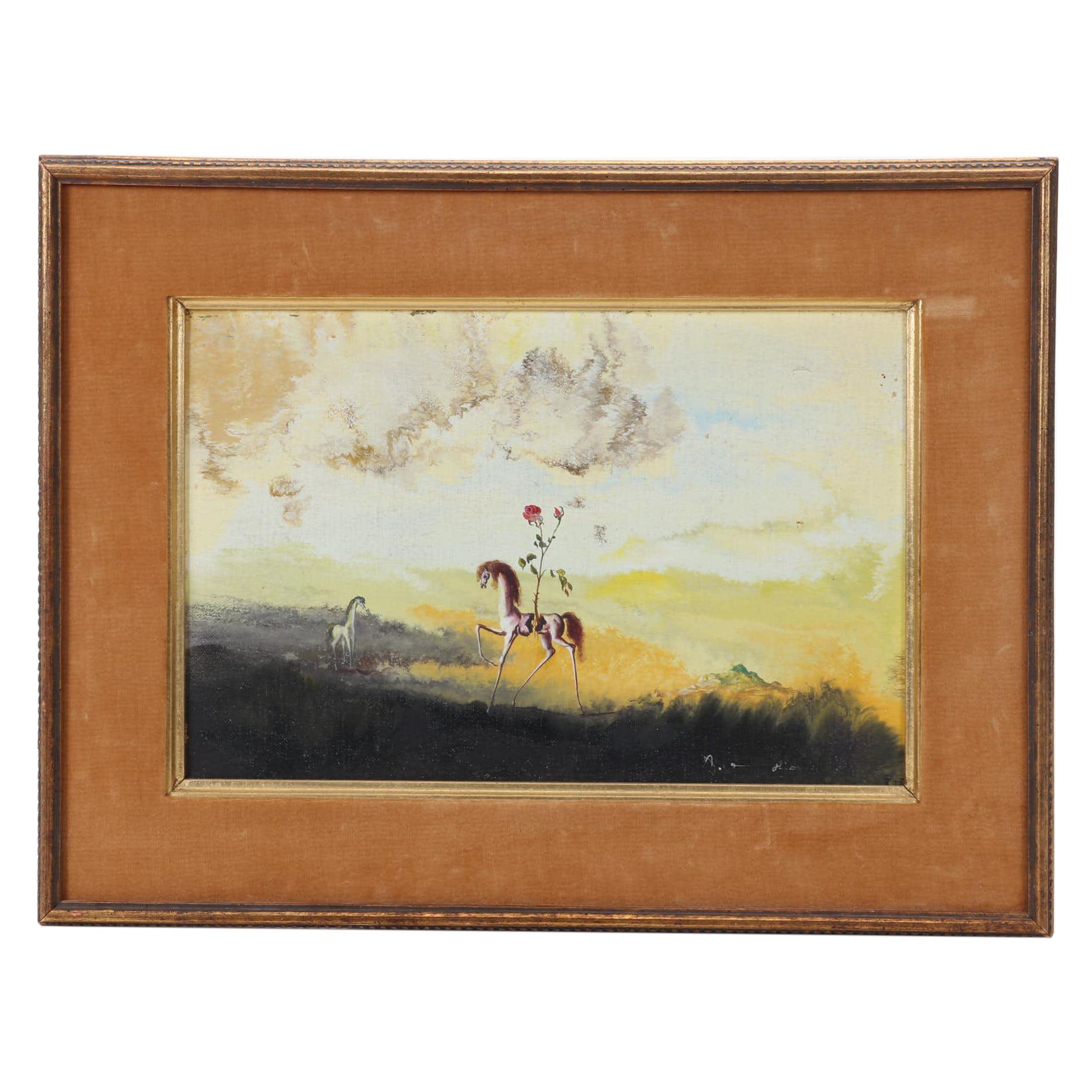 Surrealist Oil Painting with Horses in Landscape