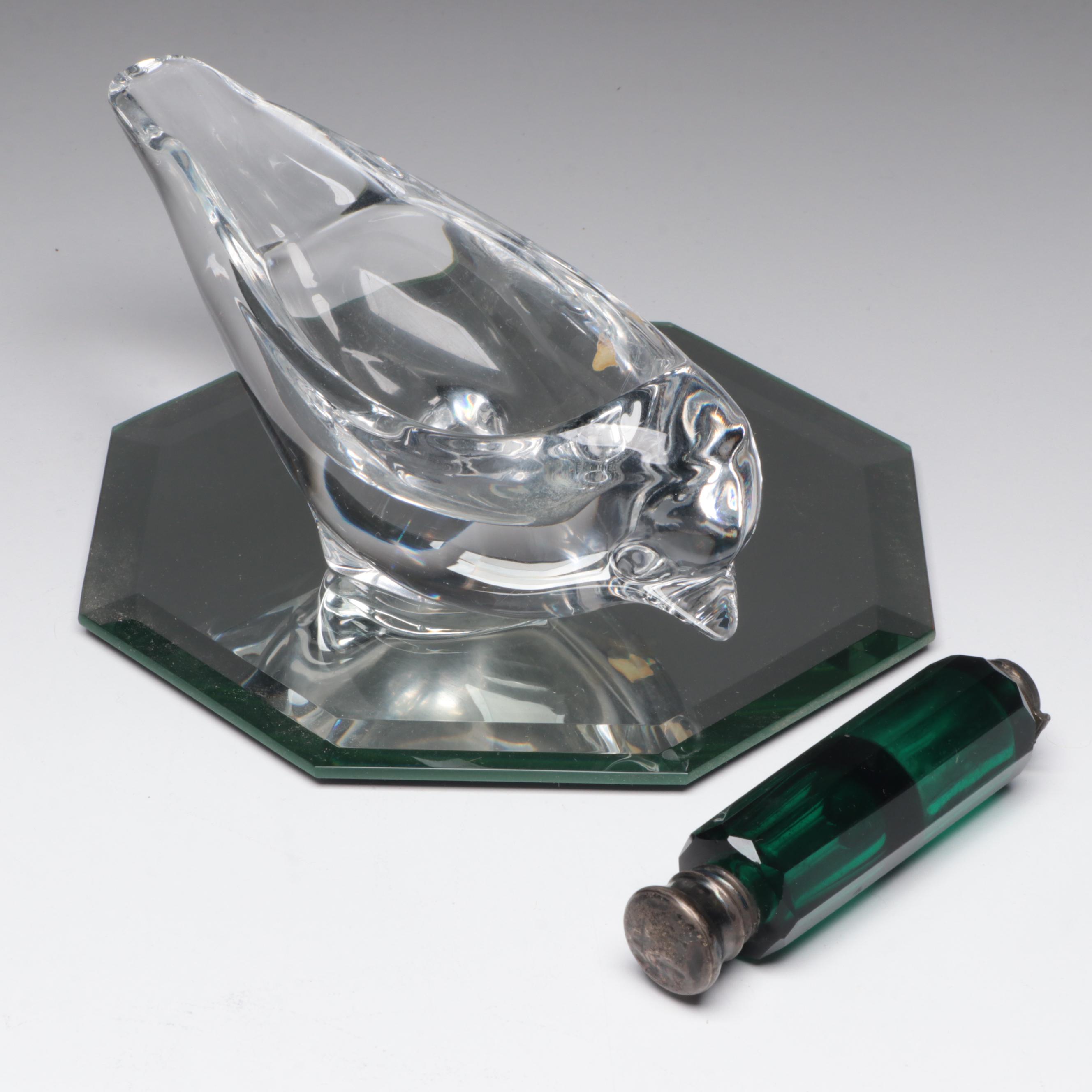 Vannes Crystal Bird Figurines with Victorian Emerald Glass Double Perfume Bottle