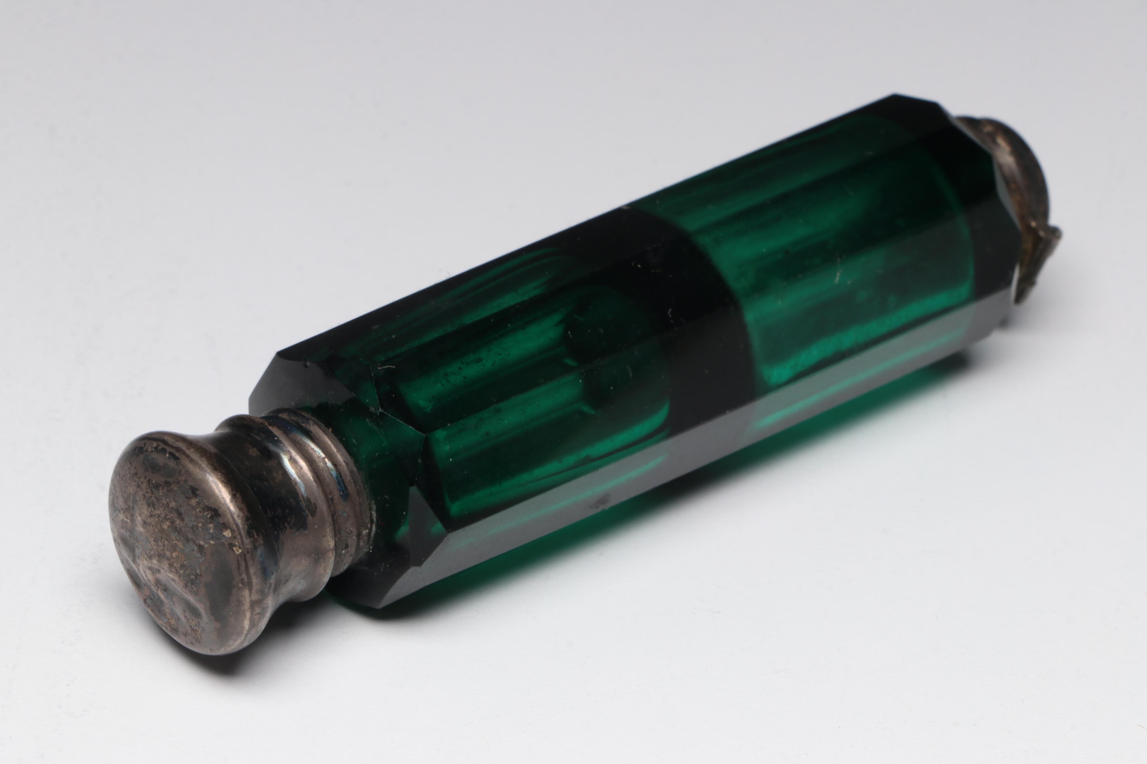 Vannes Crystal Bird Figurines with Victorian Emerald Glass Double Perfume Bottle