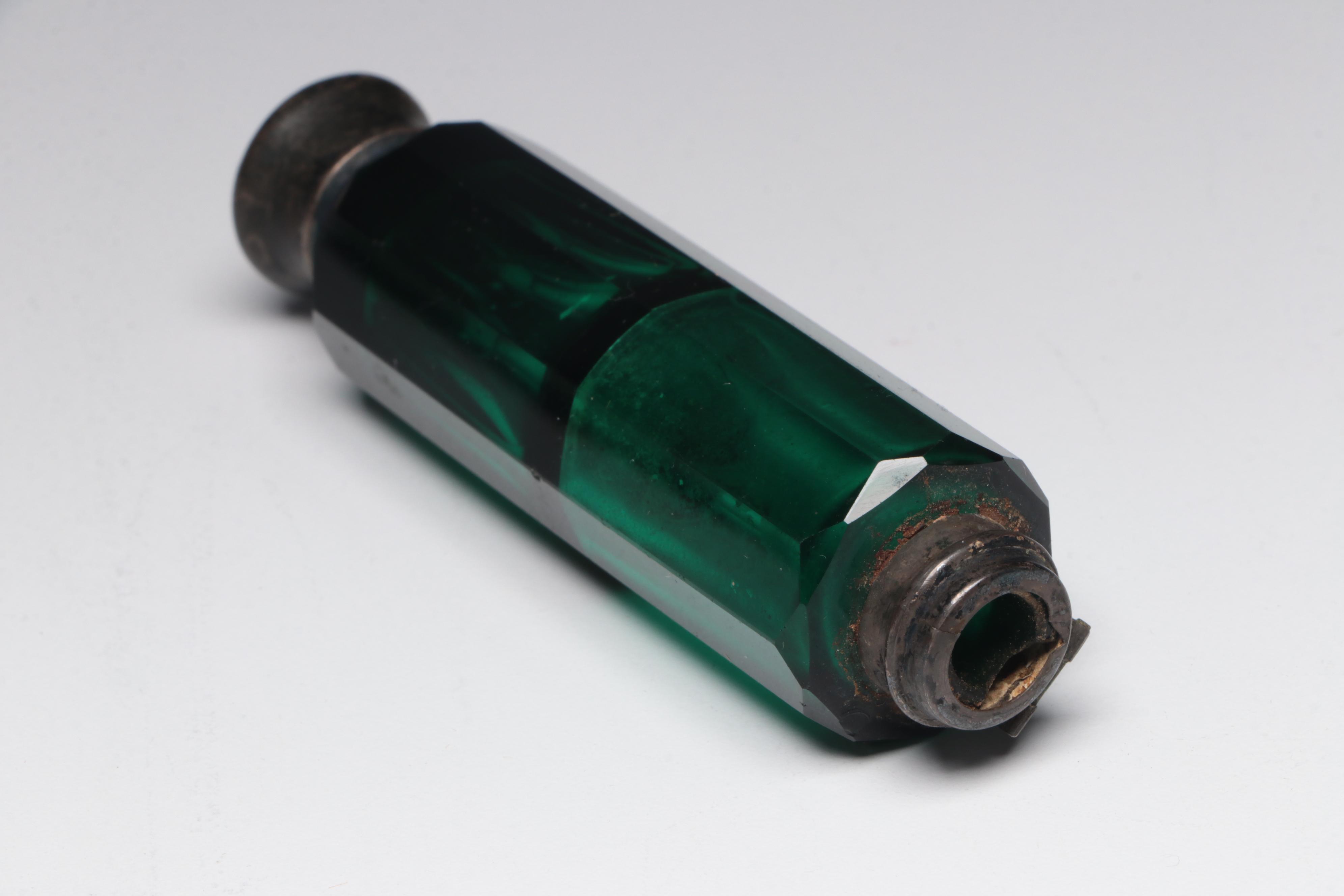 Vannes Crystal Bird Figurines with Victorian Emerald Glass Double Perfume Bottle