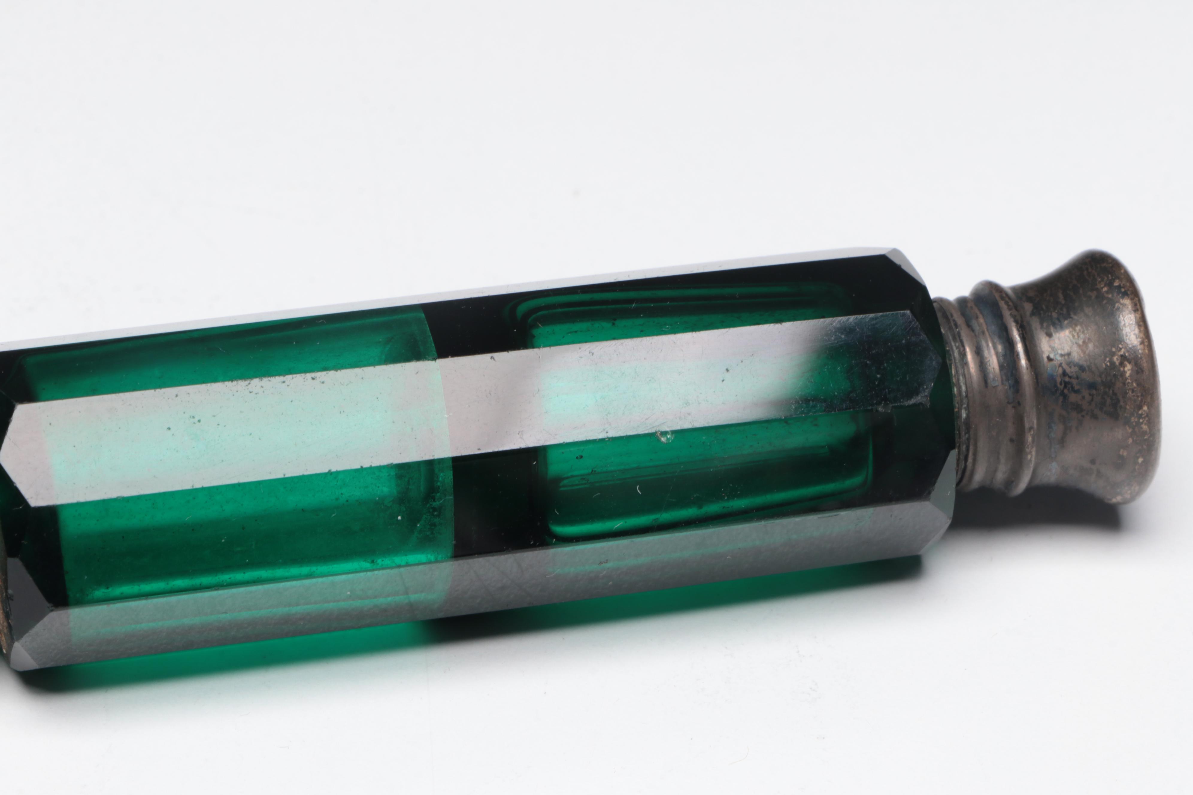 Vannes Crystal Bird Figurines with Victorian Emerald Glass Double Perfume Bottle