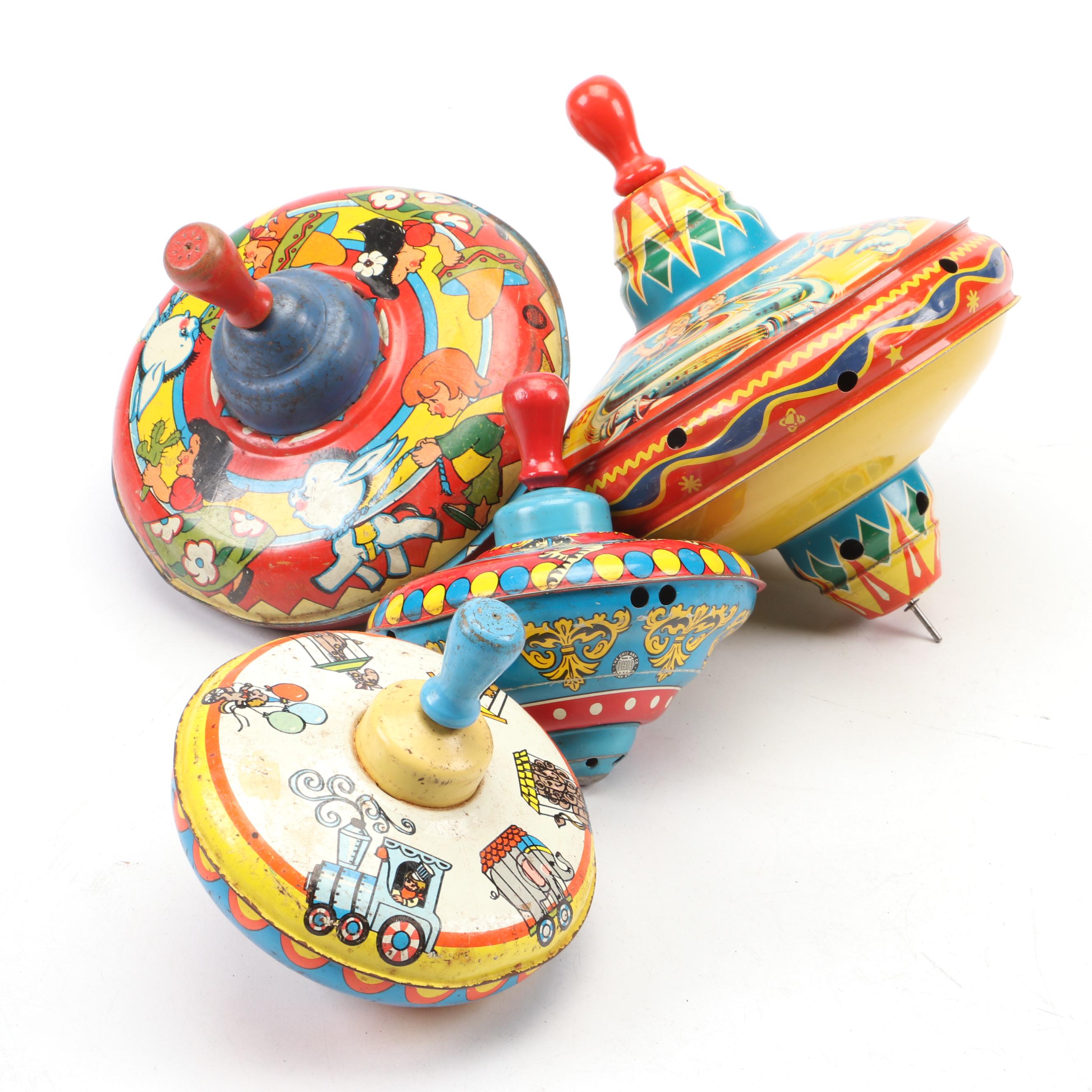 Tin Litho Push Powered Spinning Tops
