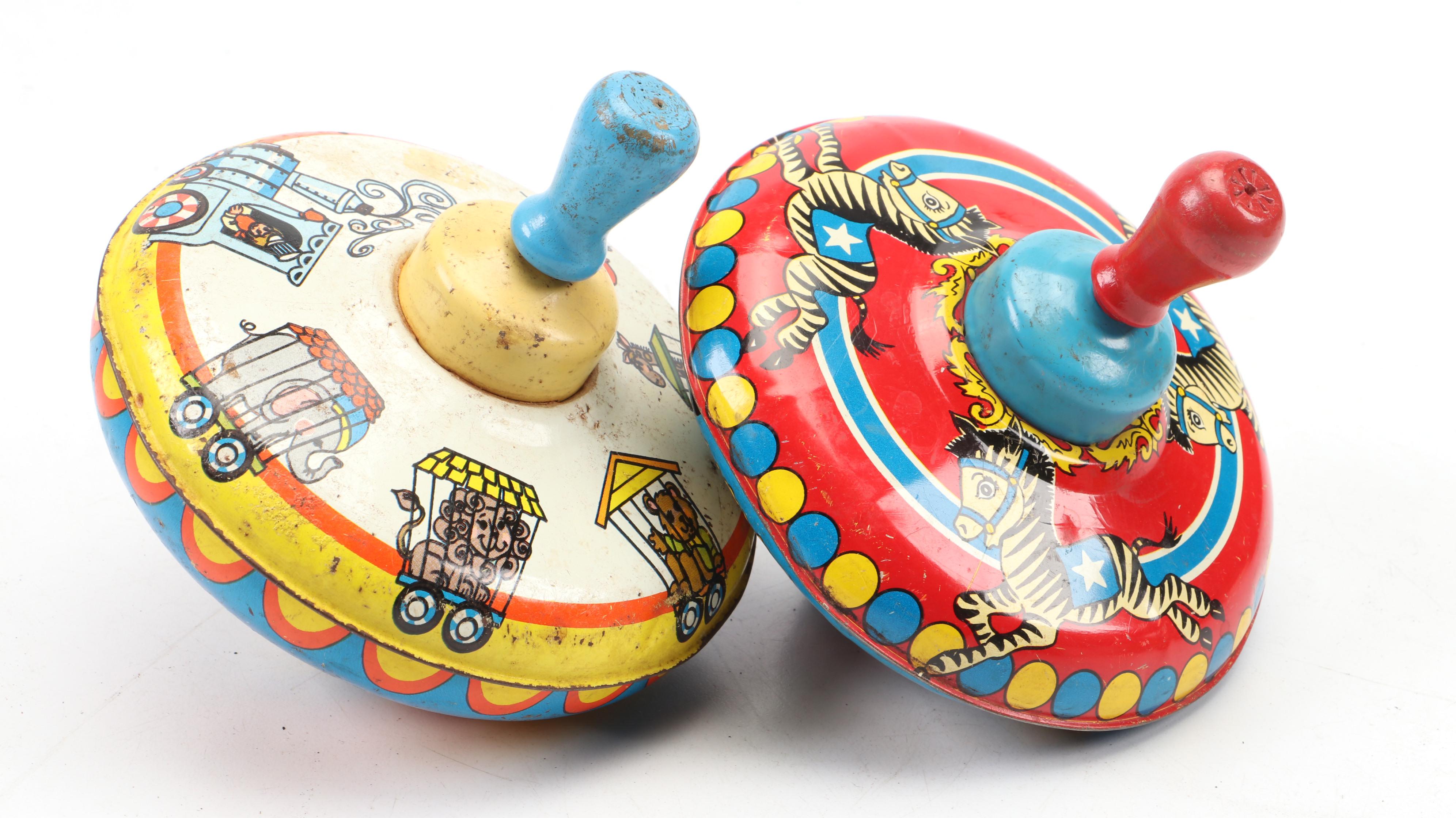 Tin Litho Push Powered Spinning Tops