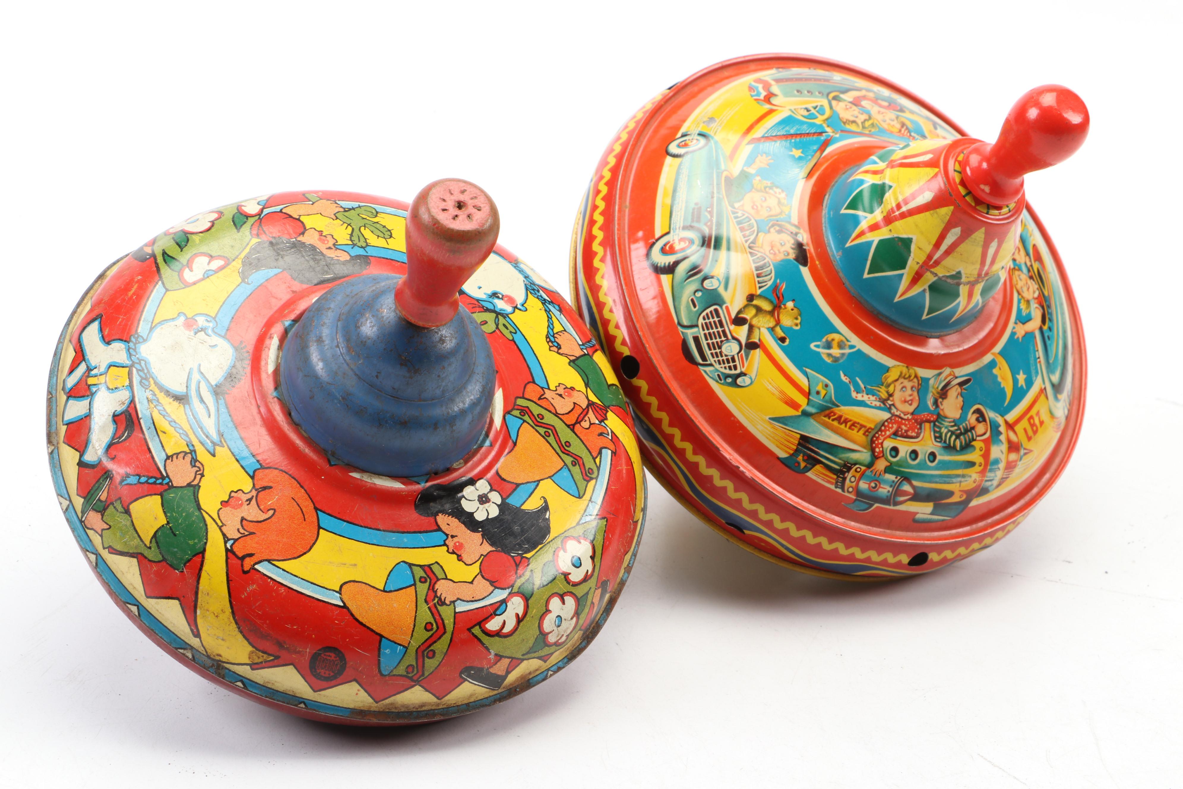 Tin Litho Push Powered Spinning Tops