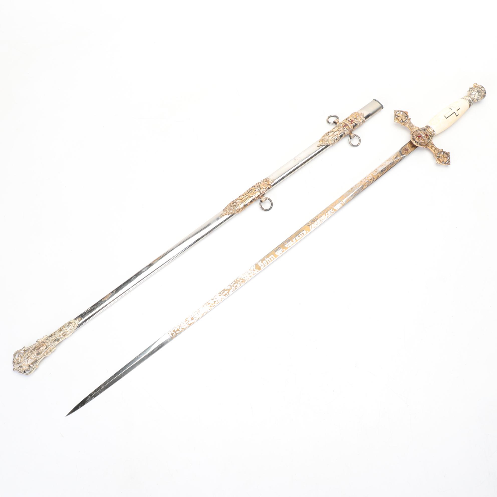 Masonic Knights Templar Ceremonial Sword With Leather Scabbard