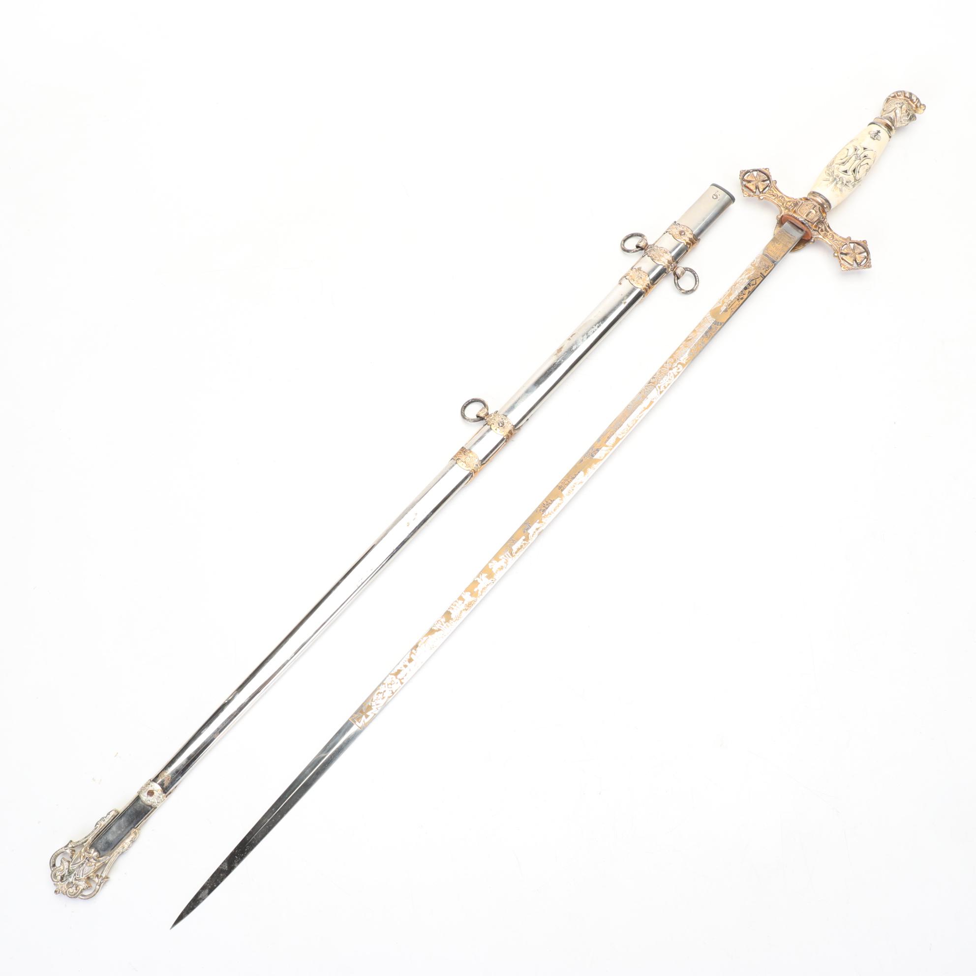 Masonic Knights Templar Ceremonial Sword With Leather Scabbard