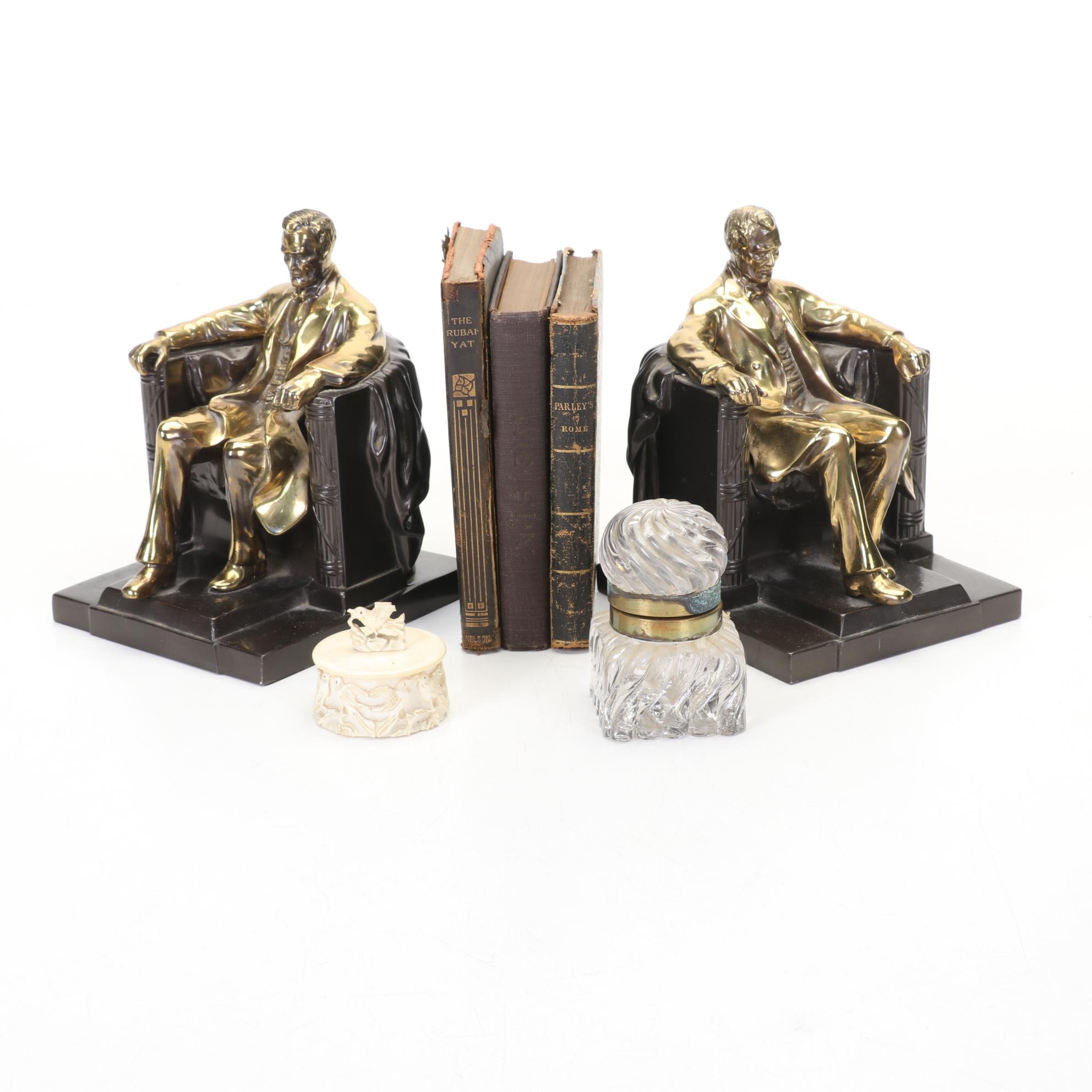 Philadelphia Mfg. Co. Lincoln Bookends, Faux Ivory Stamp Dispenser, and More