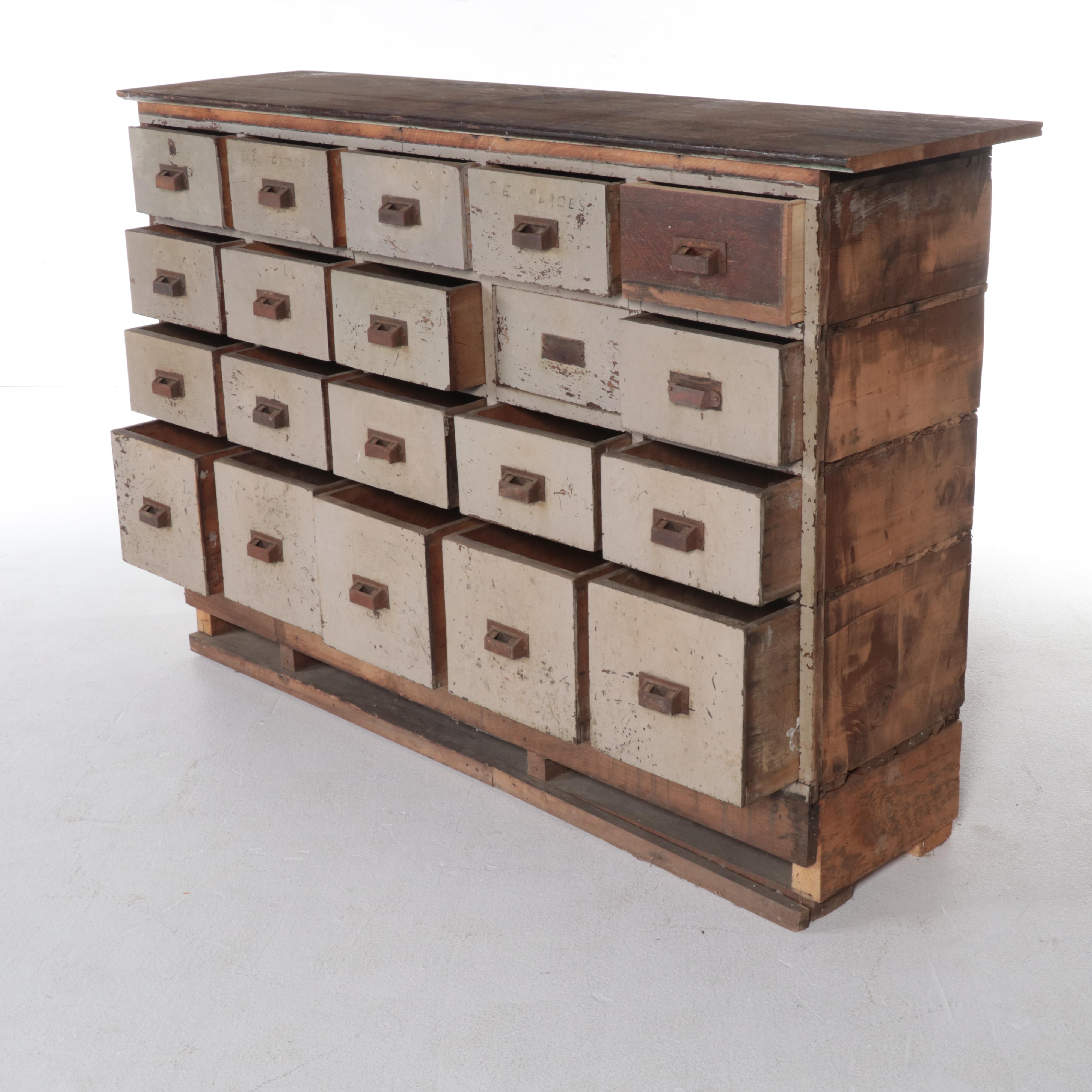 Oak and Grey-Painted Twenty-Drawer Apothecary Cabinet, Early 20th Century