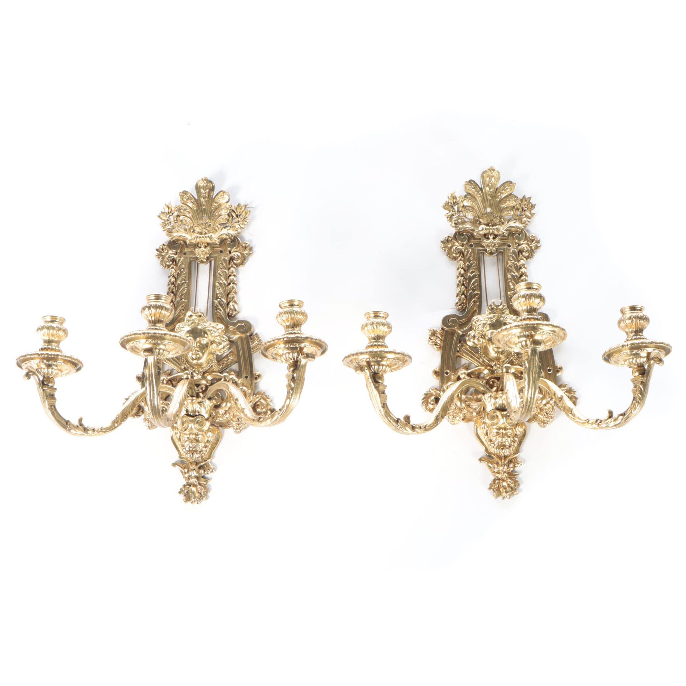 Gilt Brass Rococo Faun Three Arm Wall Candle Sconces
