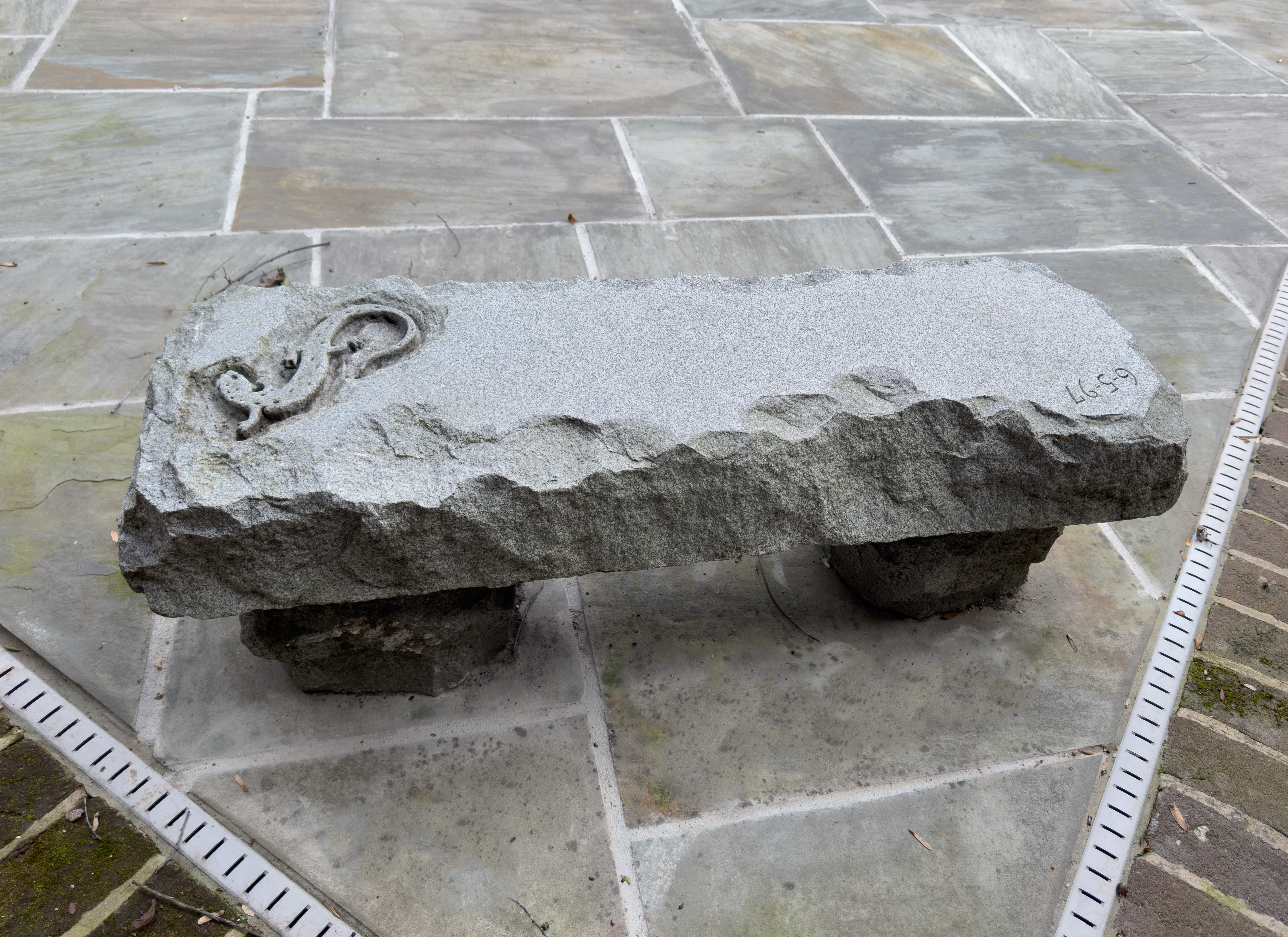 Carved Granite Garden Bench with Engraved Lizard