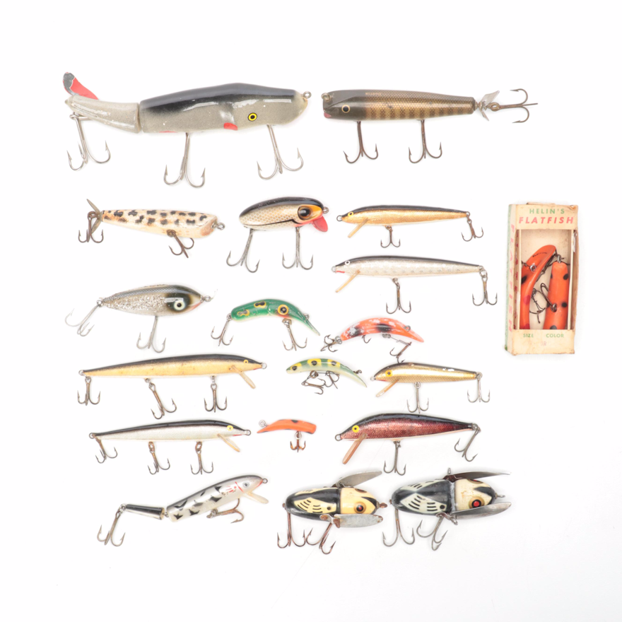 Heddon Crazy Crawlers with Other Fishing Lures and Glass Display Case