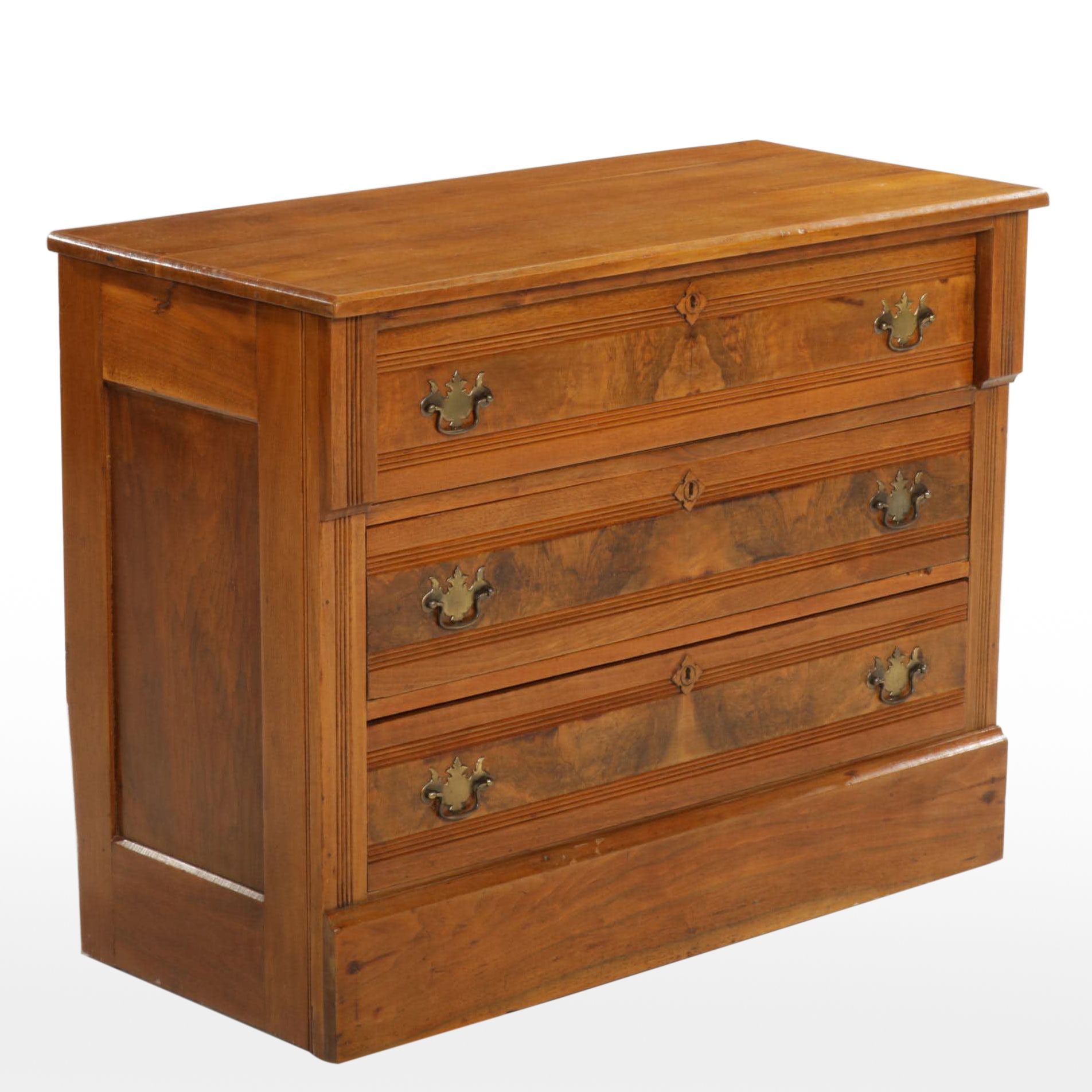Victorian Walnut Three-Drawer Chest, Late 19th to Early 20th Century