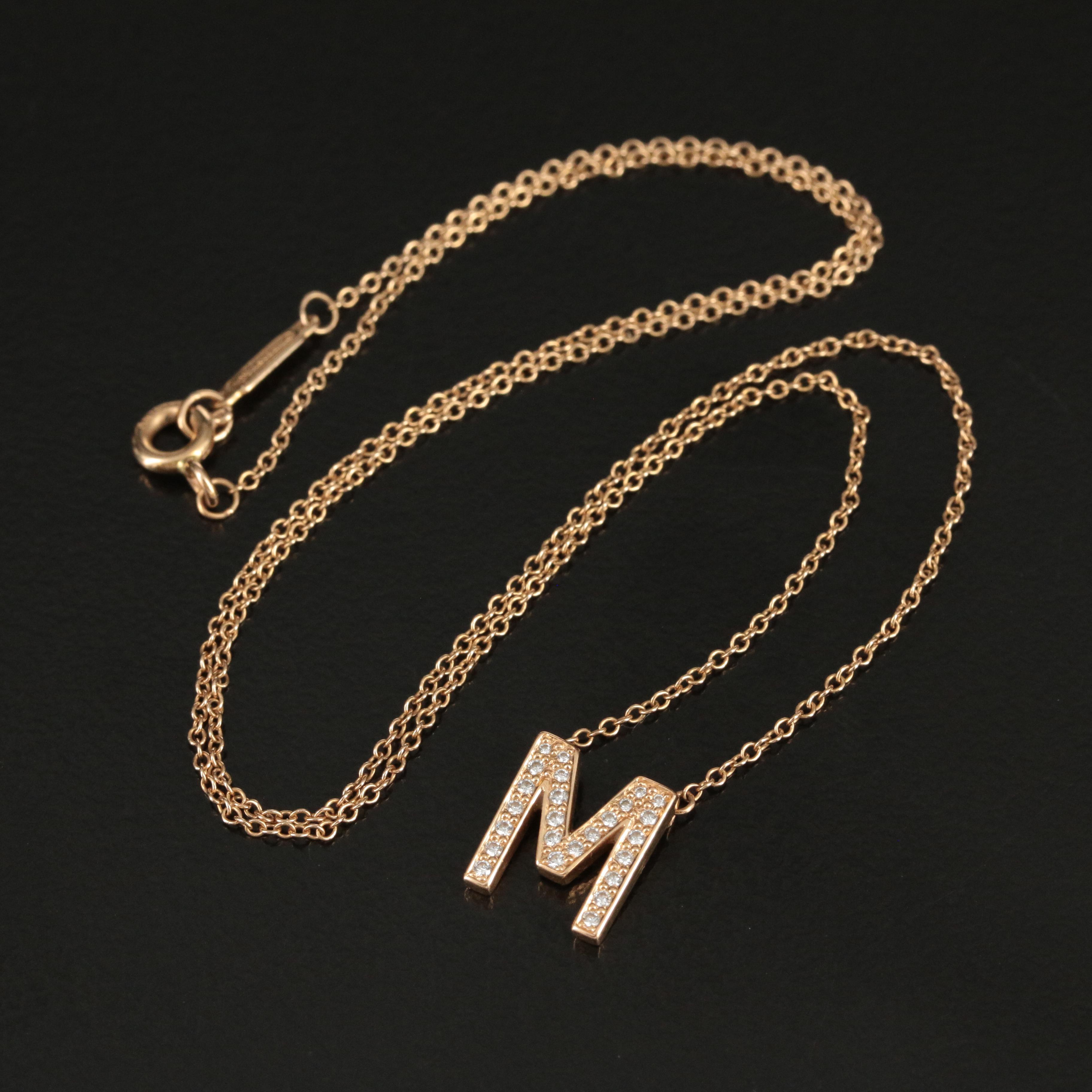 Tiffany & Co. Letters 18K Diamond "M" Initial Necklace