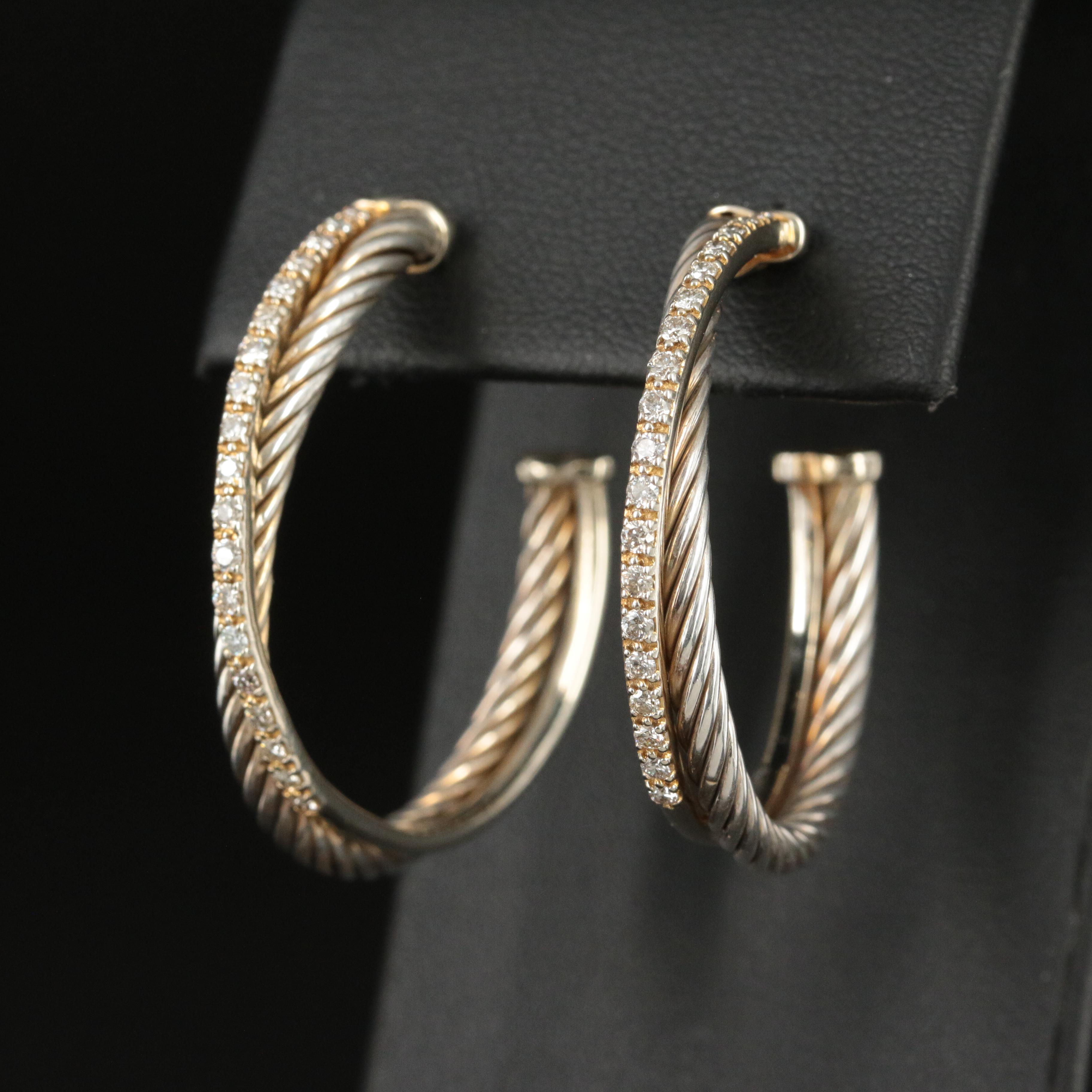 David Yurman Crossover Sterling,14K and 0.66 CTW Diamond Hoop Earrings