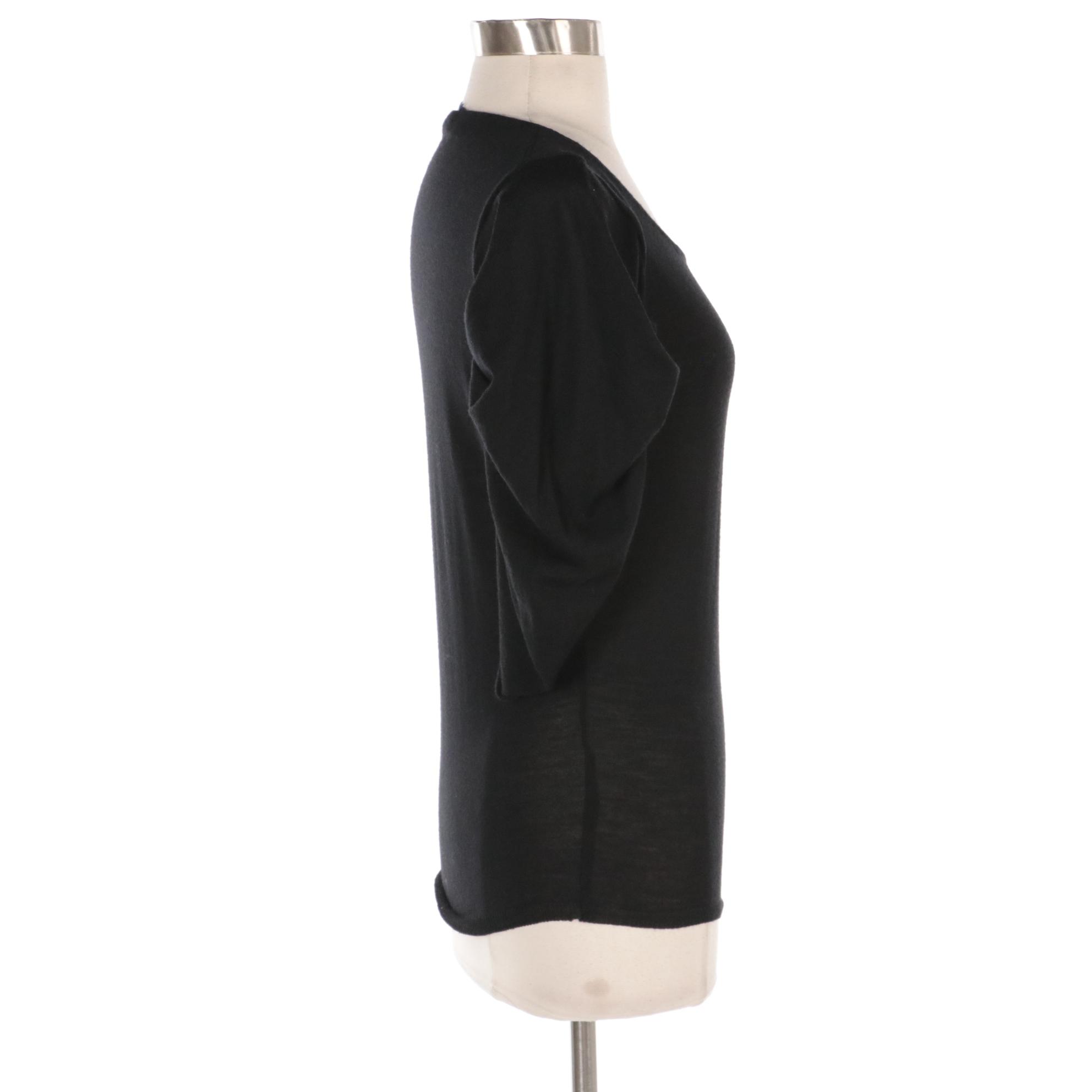Prada Black Cashmere Knit Top with Ruched Sleeve Detail
