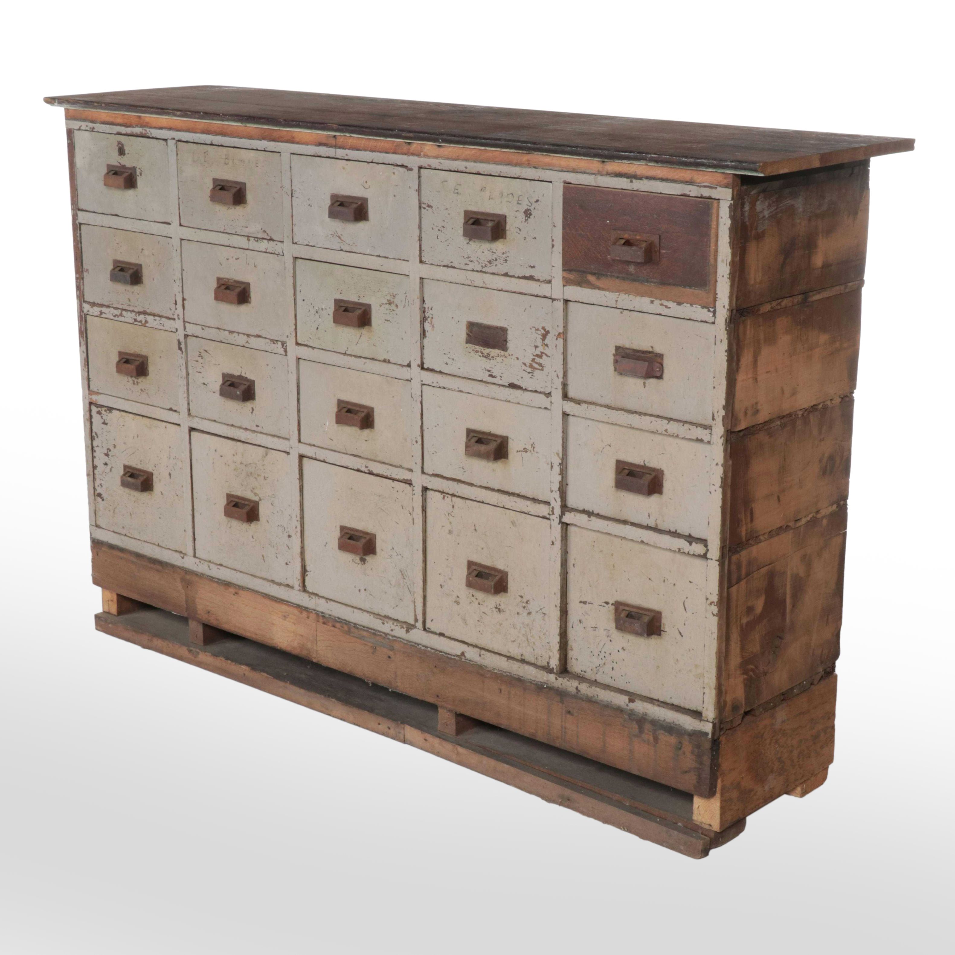 Oak and Grey-Painted Twenty-Drawer Apothecary Cabinet, Early 20th Century