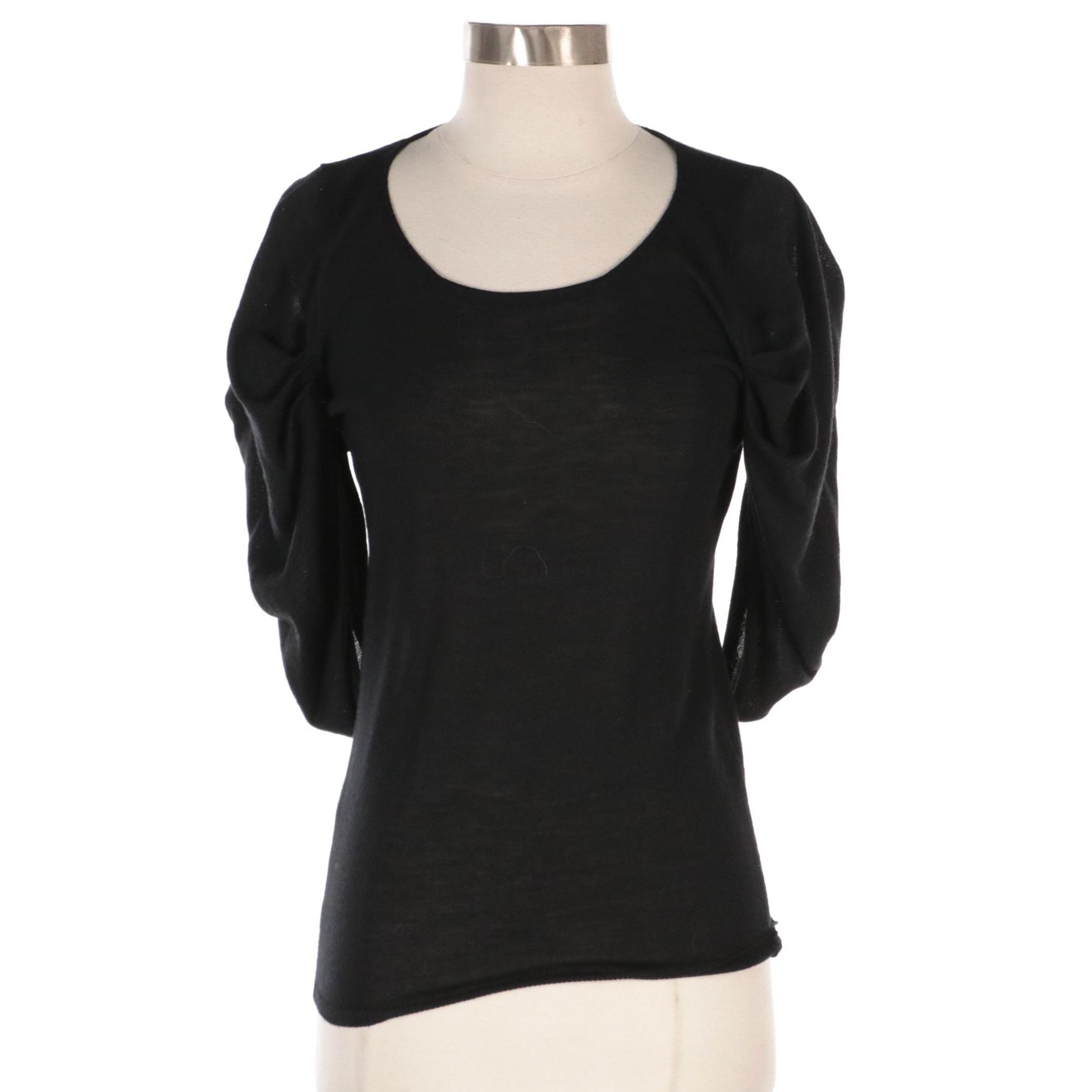Prada Black Cashmere Knit Top with Ruched Sleeve Detail