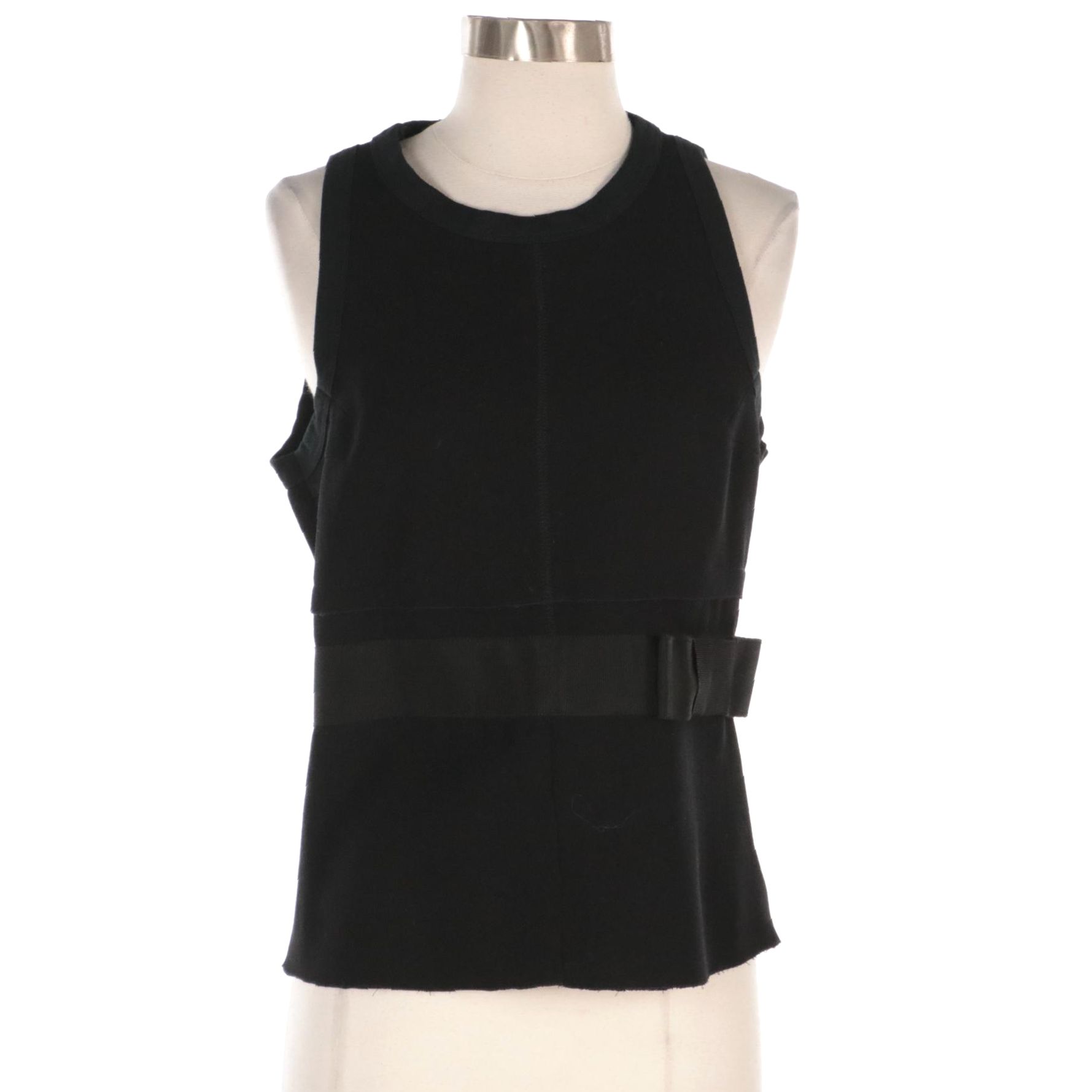 Prada Black Wool Blend Sleeveless Top with Grosgrain Band and Flat Bow Detail