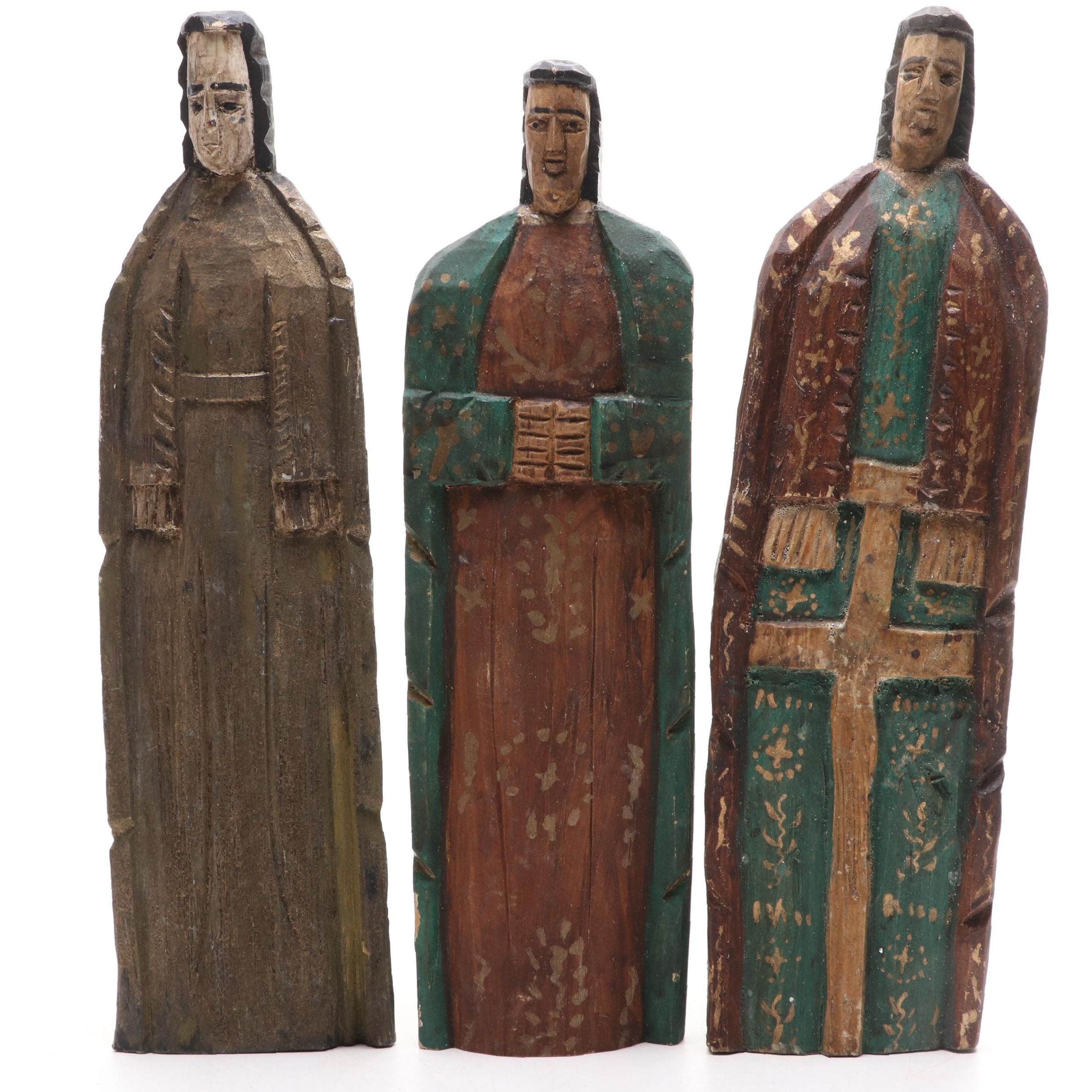 Folk Art Style Hand-Carved Wooden Three Wise Men Figurines
