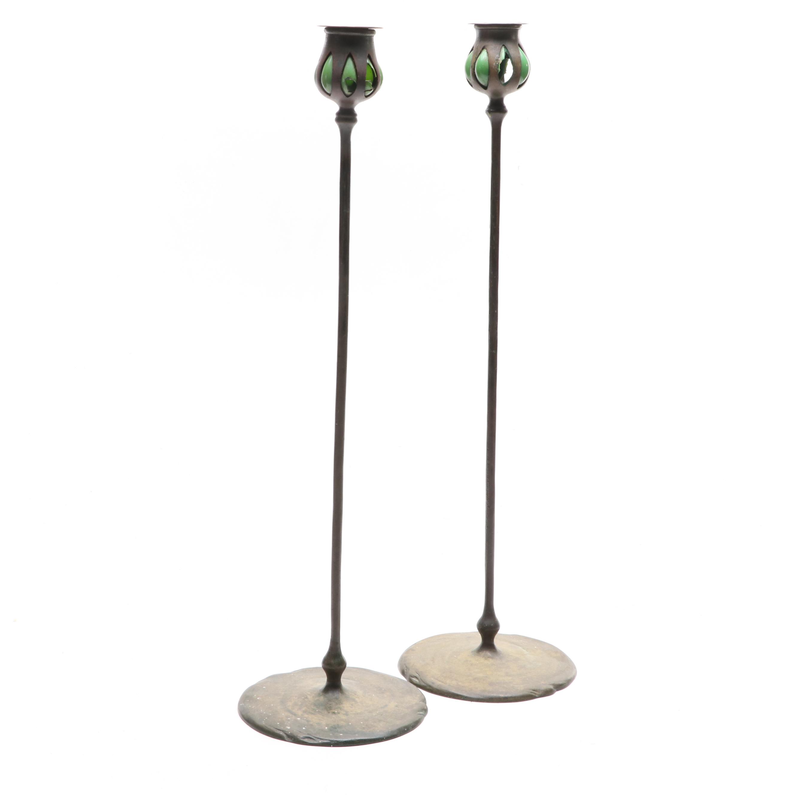 Tiffany Studios Art Nouveau Bronze and Glass Floor Candlesticks