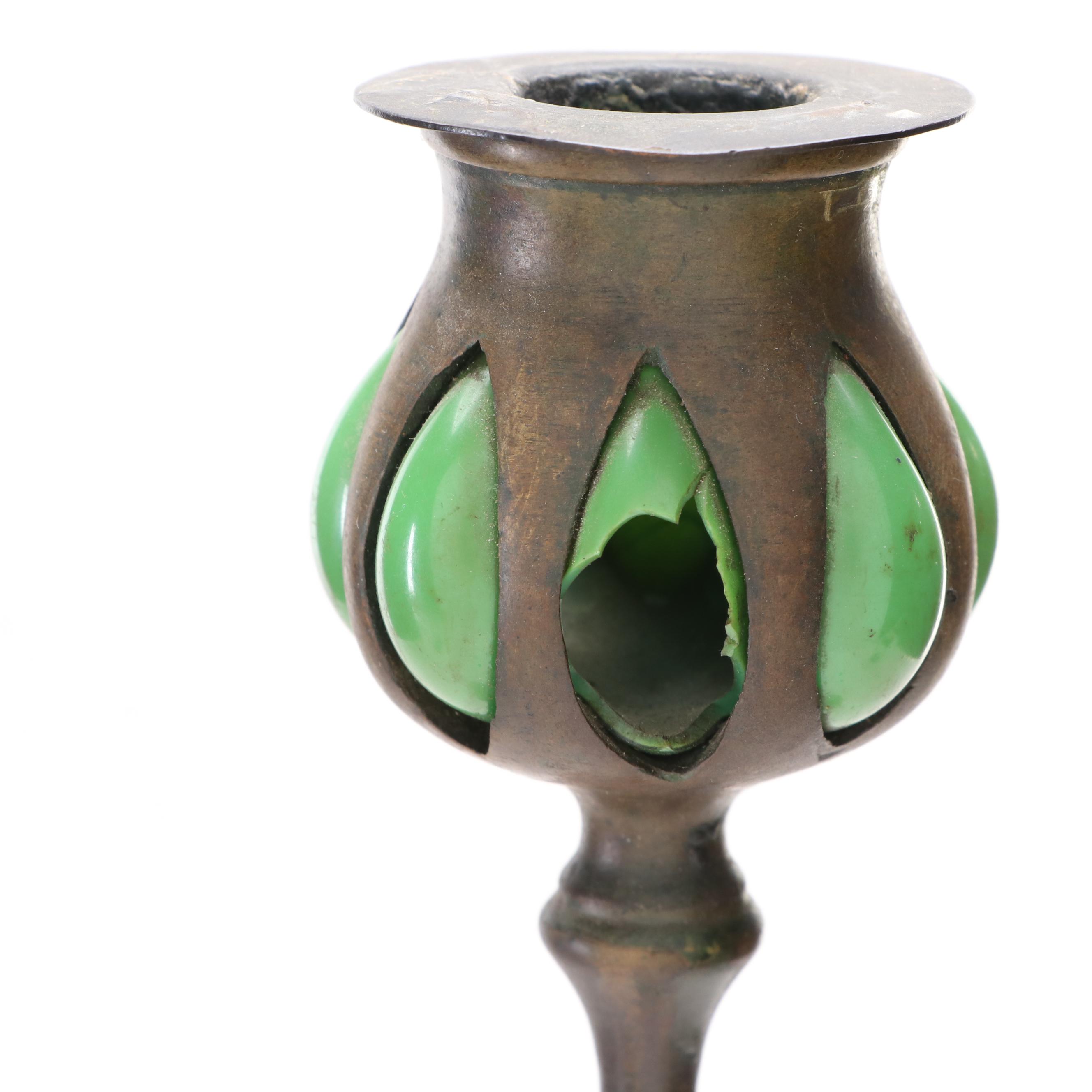 Tiffany Studios Art Nouveau Bronze and Glass Floor Candlesticks