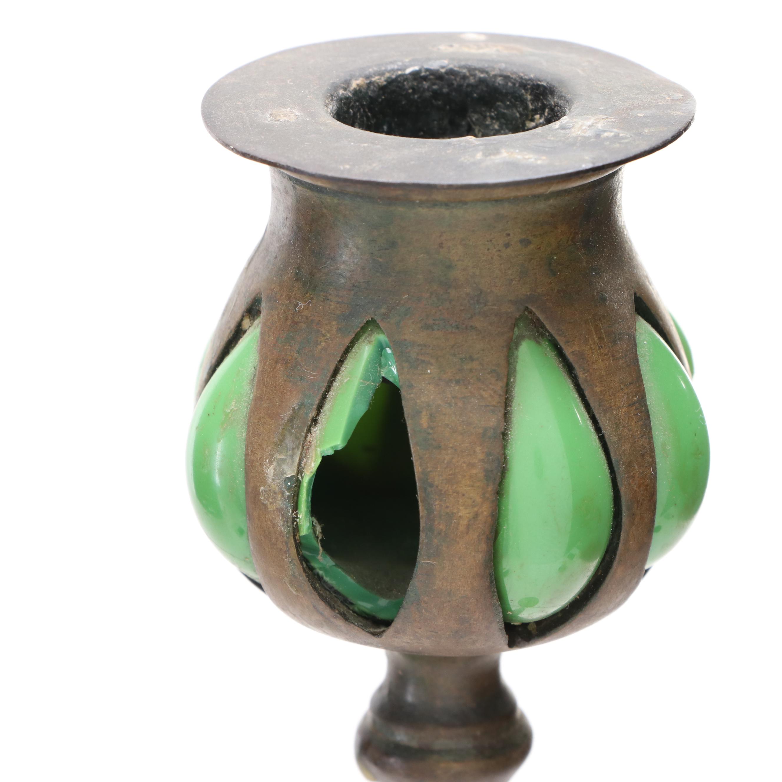 Tiffany Studios Art Nouveau Bronze and Glass Floor Candlesticks