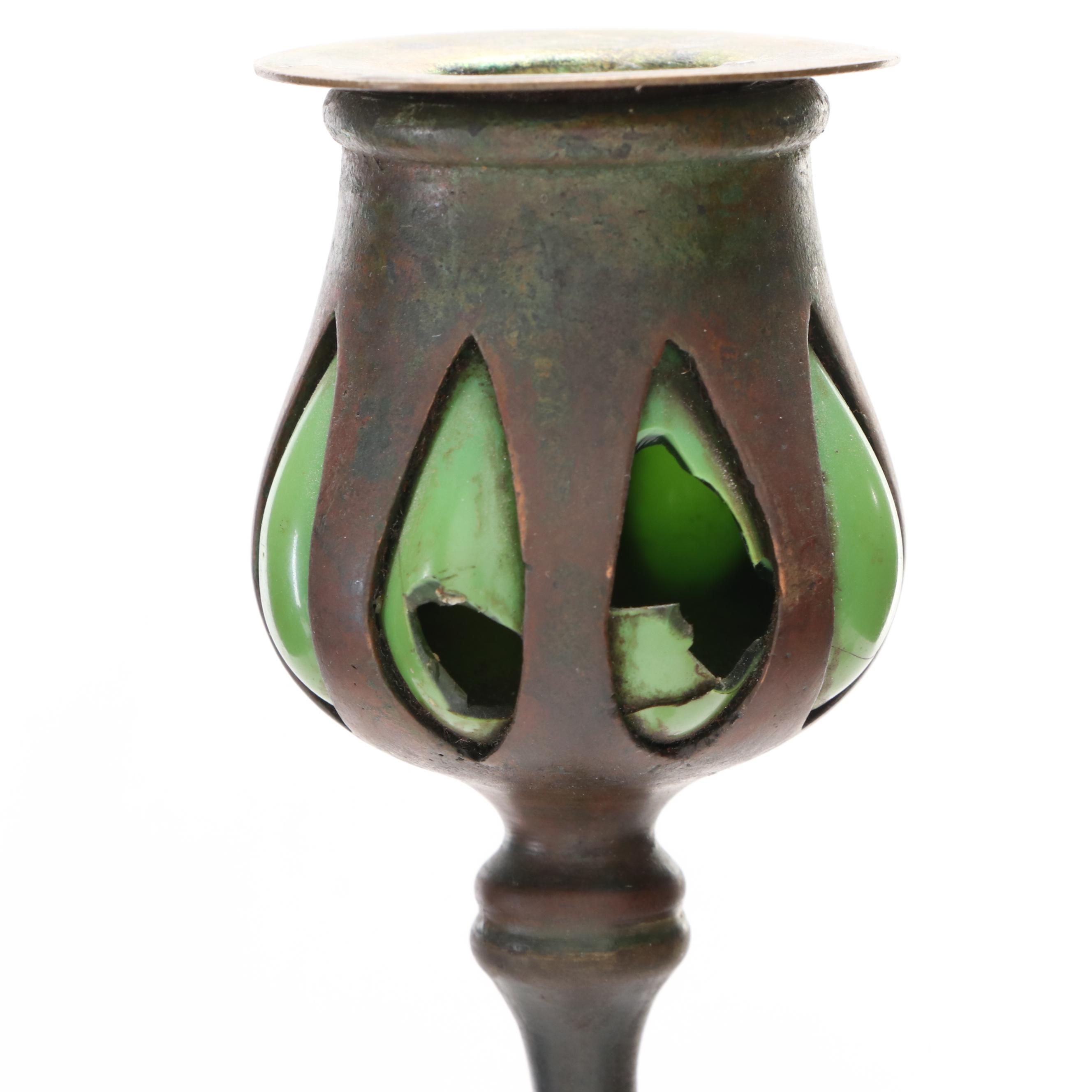 Tiffany Studios Art Nouveau Bronze and Glass Floor Candlesticks