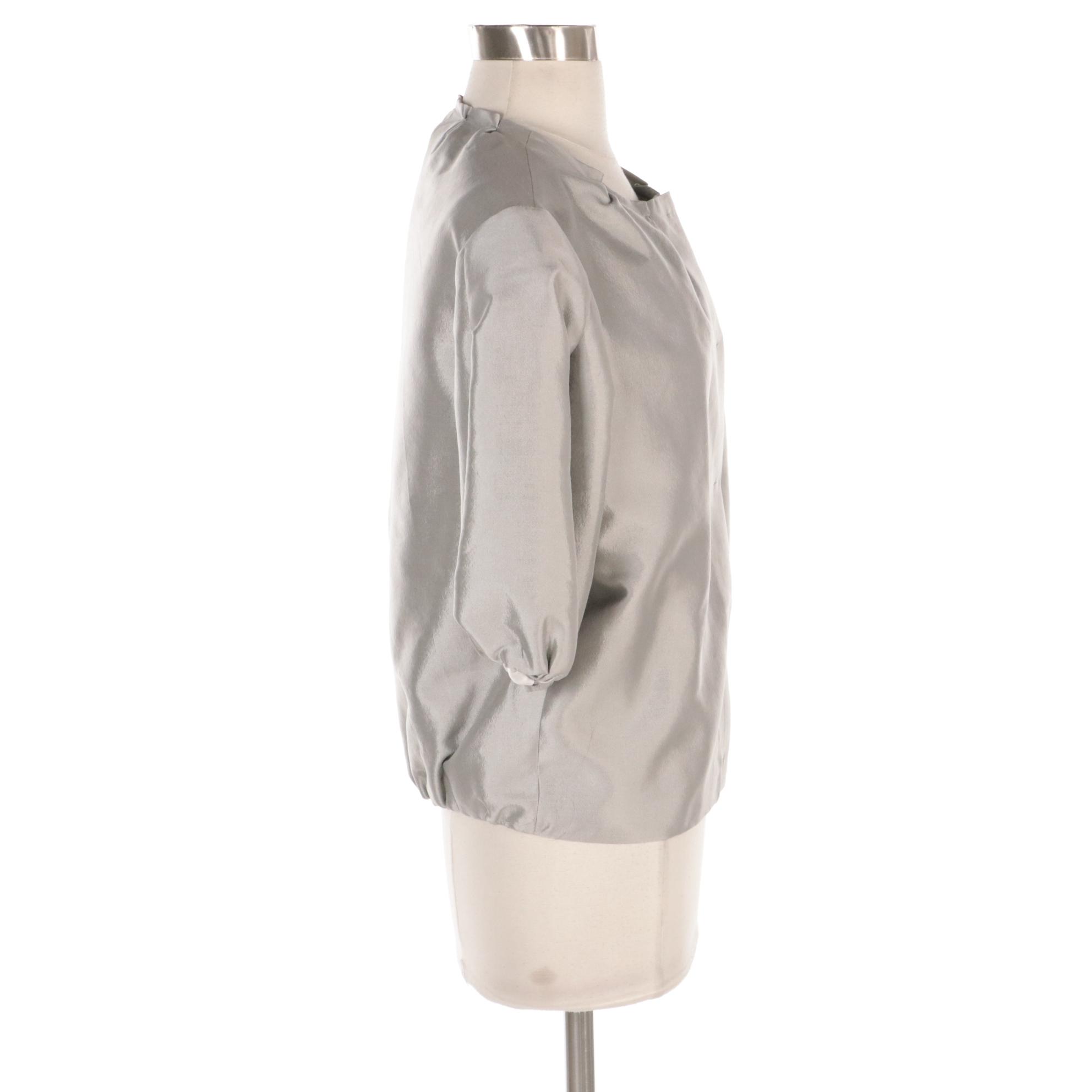 Prada Light Grey Silk Snap Front Jacket with Elbow-Length Puff Sleeves