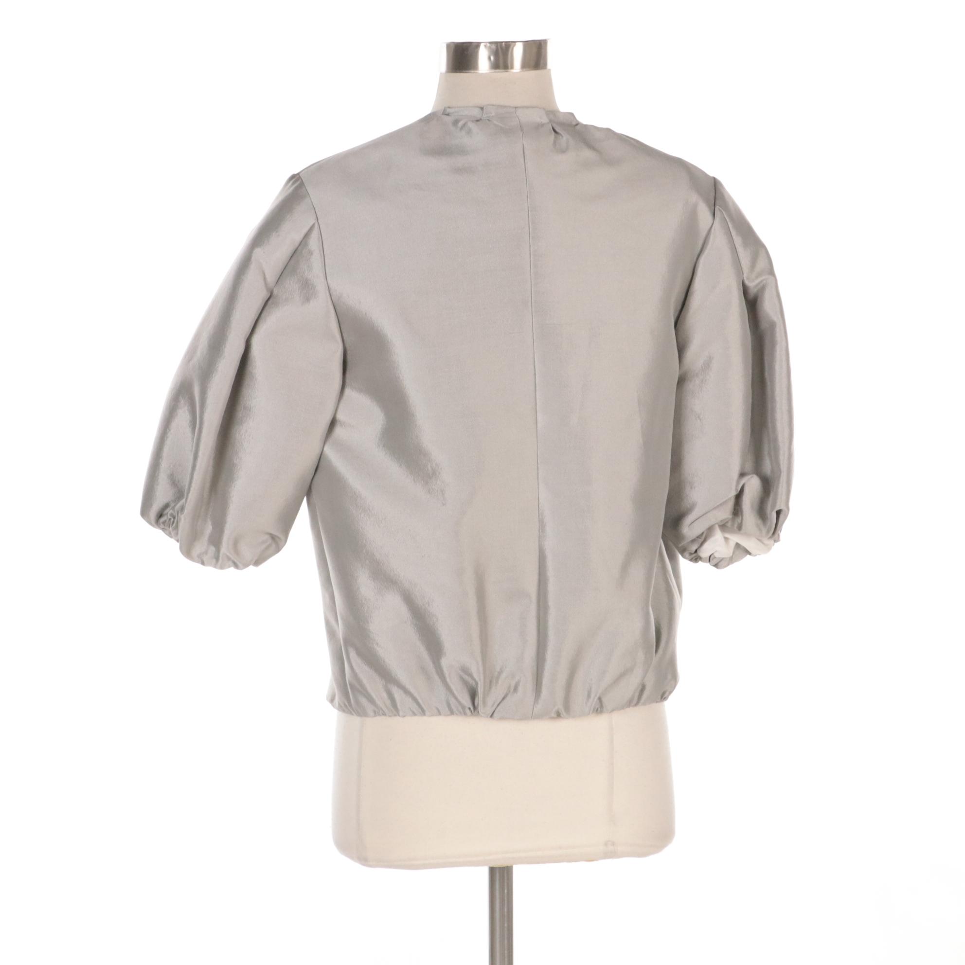 Prada Light Grey Silk Snap Front Jacket with Elbow-Length Puff Sleeves