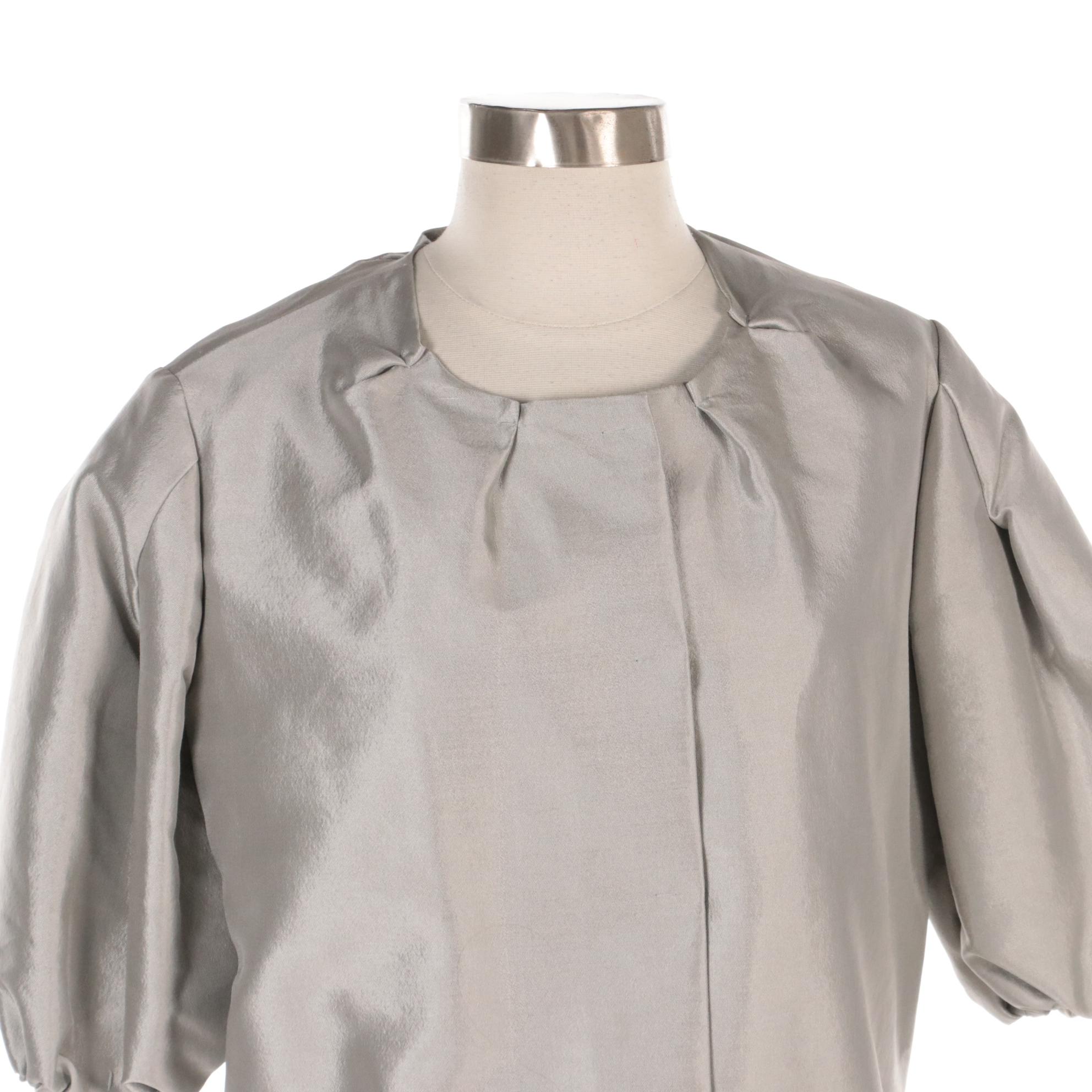 Prada Light Grey Silk Snap Front Jacket with Elbow-Length Puff Sleeves