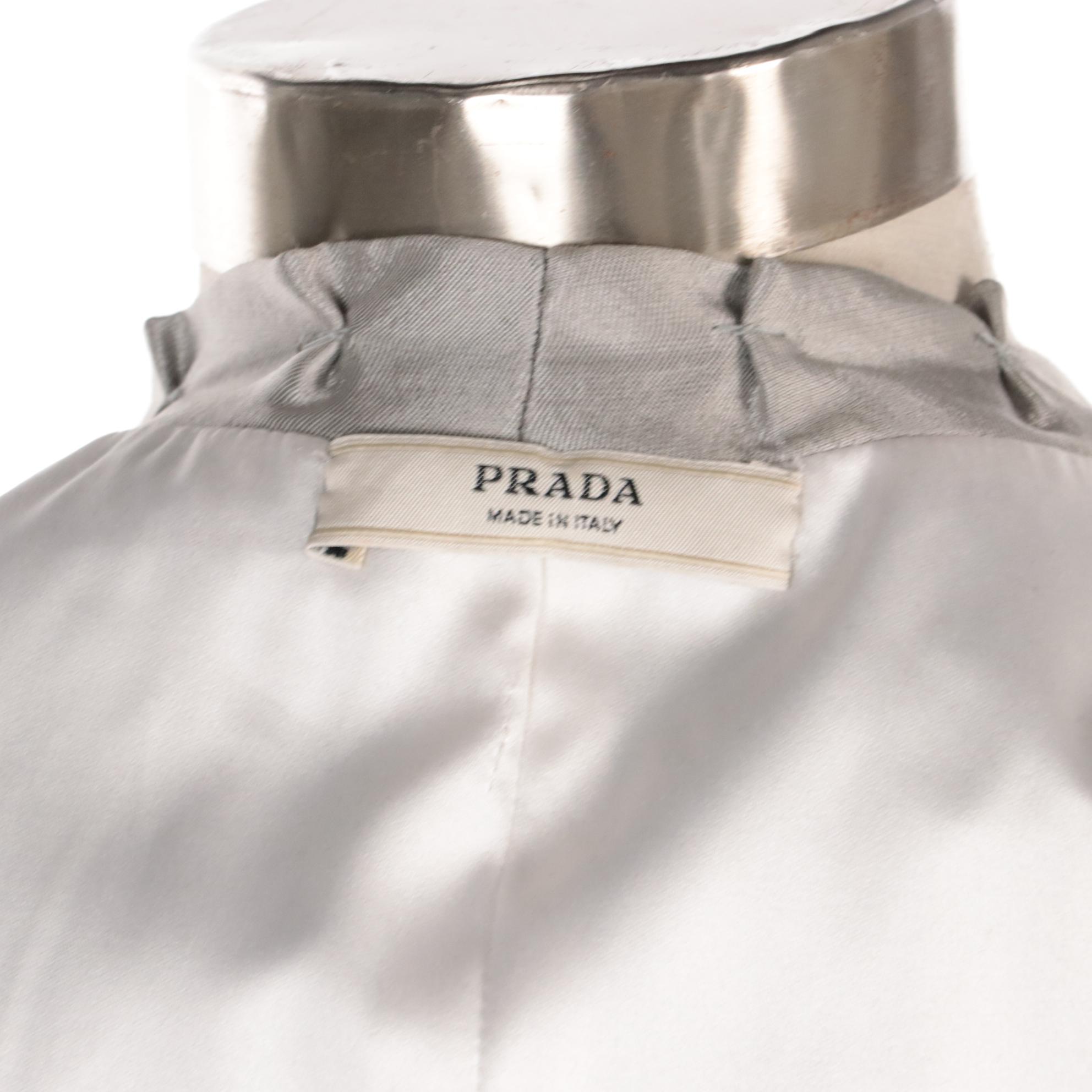 Prada Light Grey Silk Snap Front Jacket with Elbow-Length Puff Sleeves
