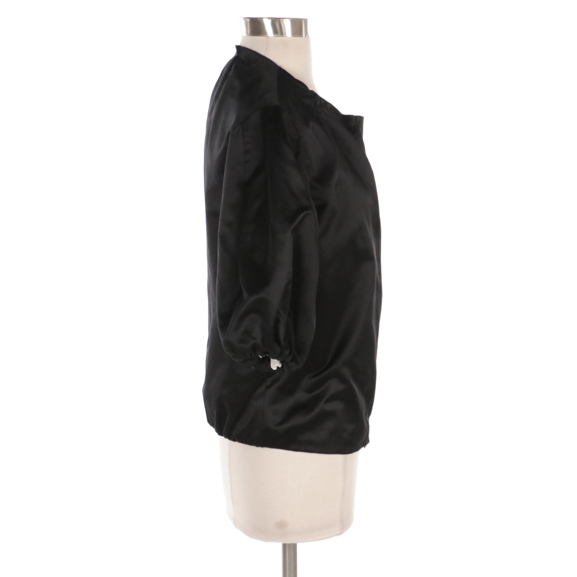 Prada Black Silk Snap Front Jacket with Elbow-Length Puff Sleeves