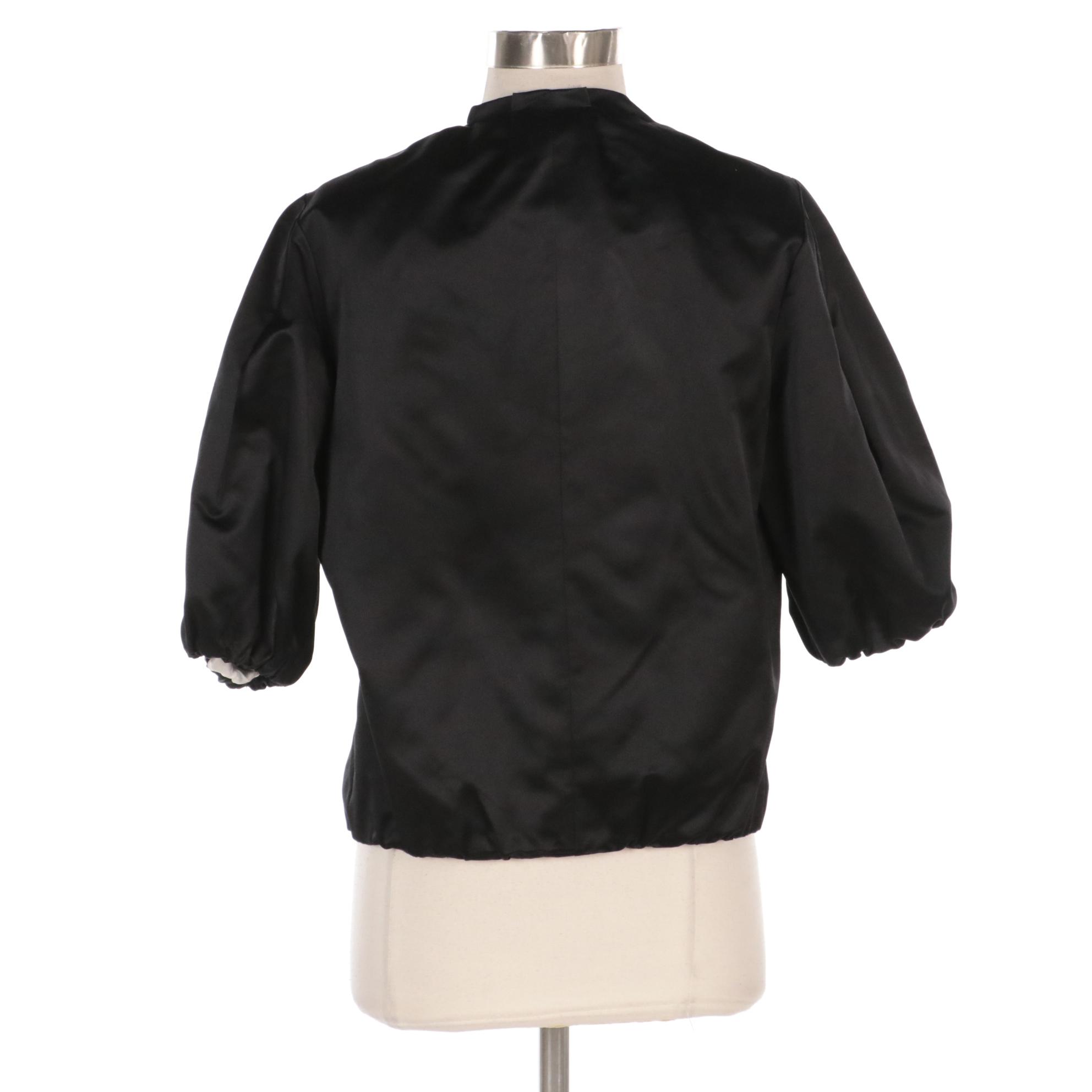 Prada Black Silk Snap Front Jacket with Elbow-Length Puff Sleeves