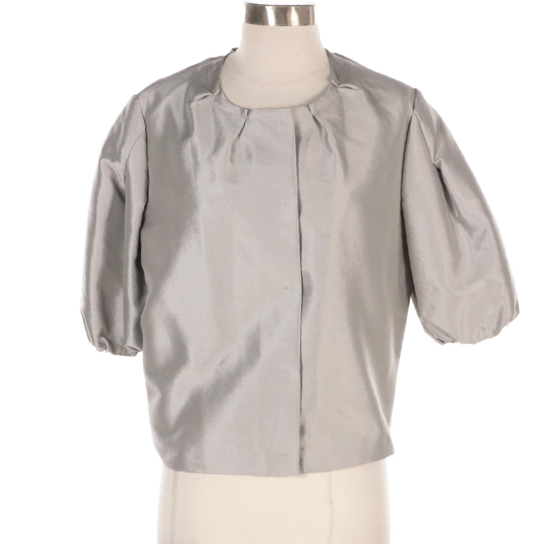 Prada Light Grey Silk Snap Front Jacket with Elbow-Length Puff Sleeves