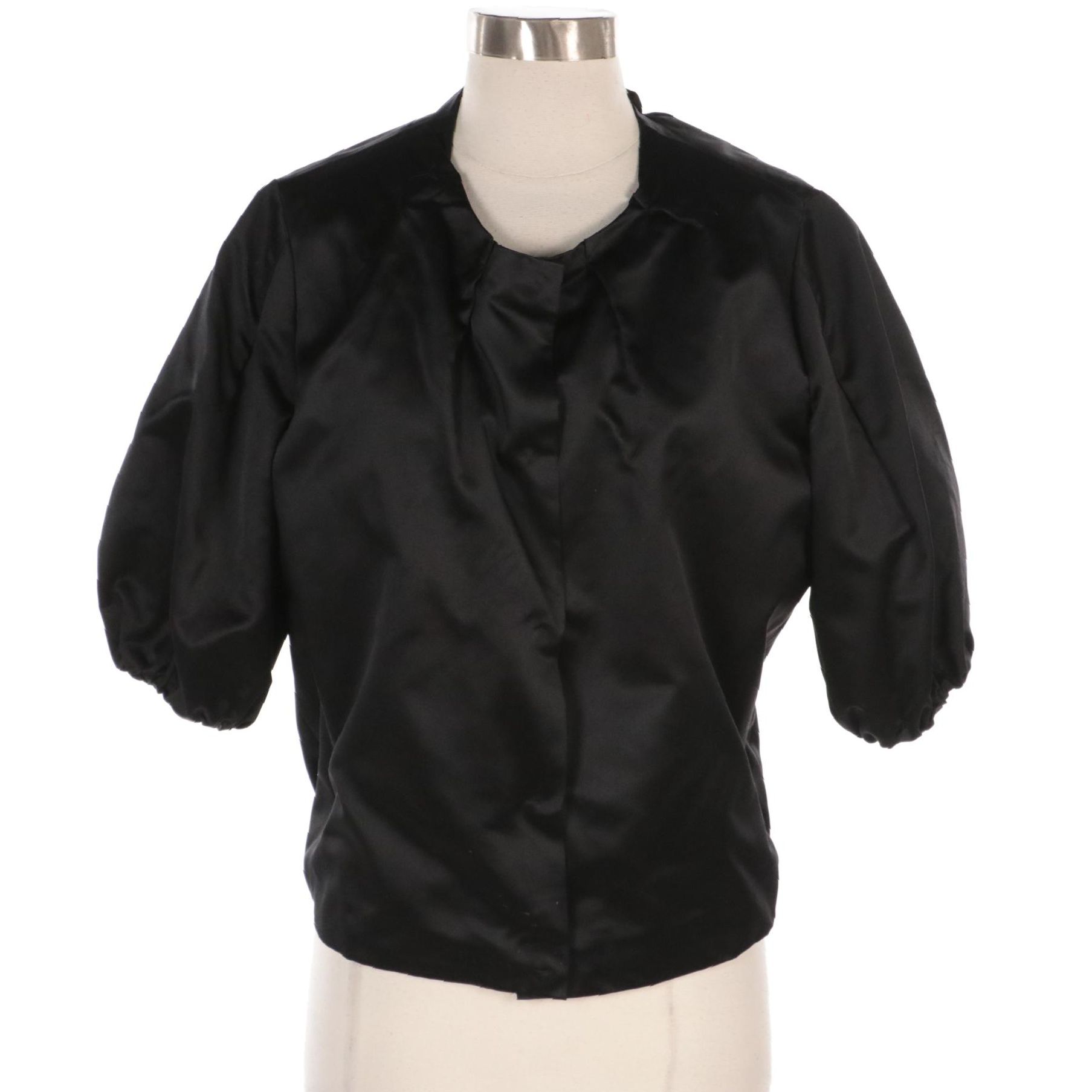 Prada Black Silk Snap Front Jacket with Elbow-Length Puff Sleeves
