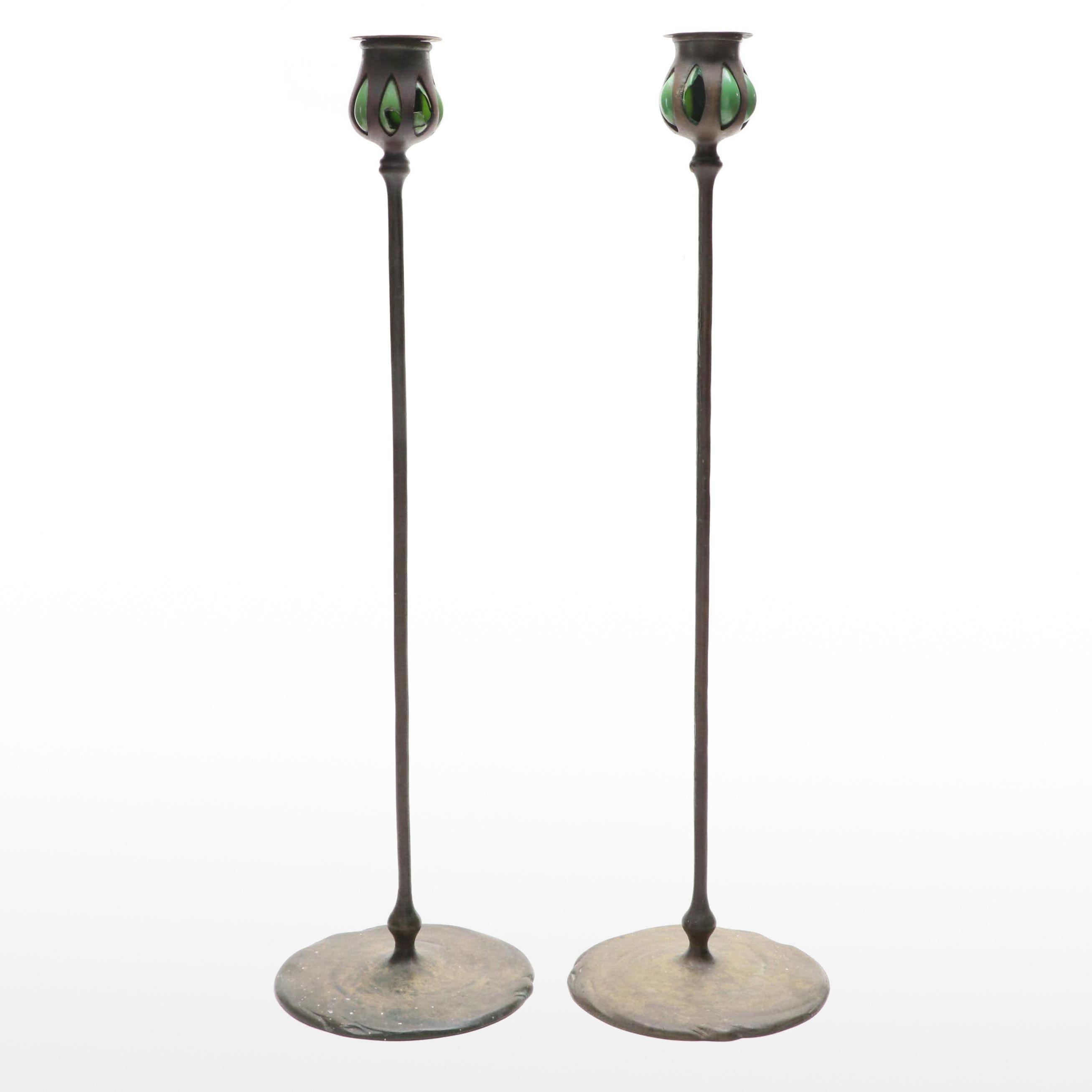 Tiffany Studios Art Nouveau Bronze and Glass Floor Candlesticks