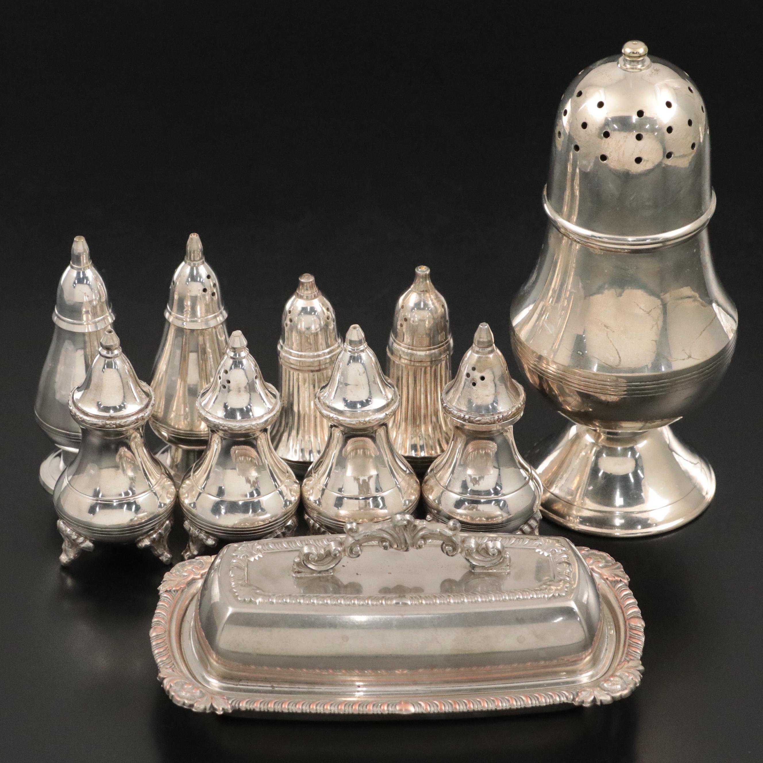 Two's Company Silver Plate Shakers with Silver Plate Shaker and Butter Dish