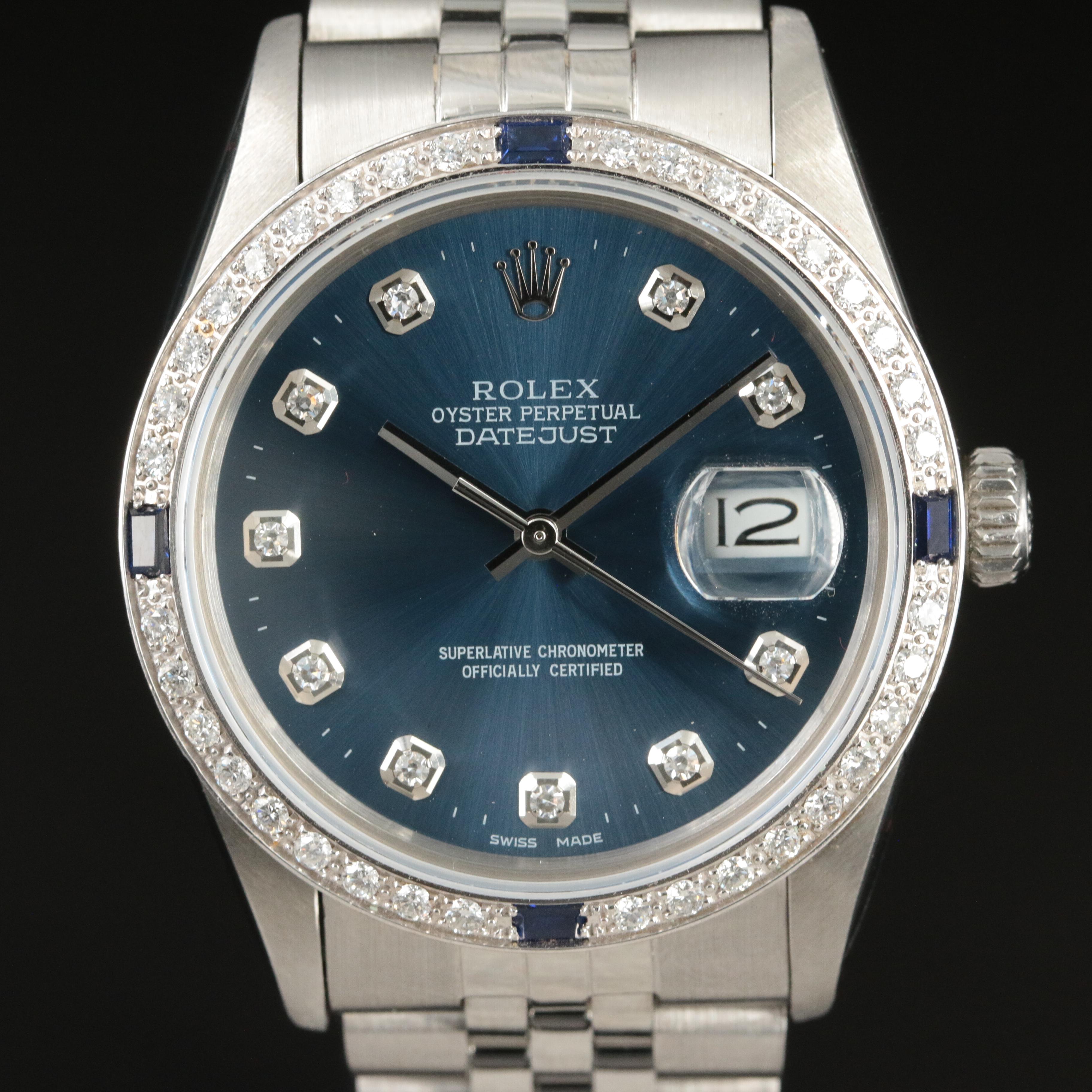1977 Rolex Custom Diamond and Sapphire Bezel, Diamond Dial Datejust Watch