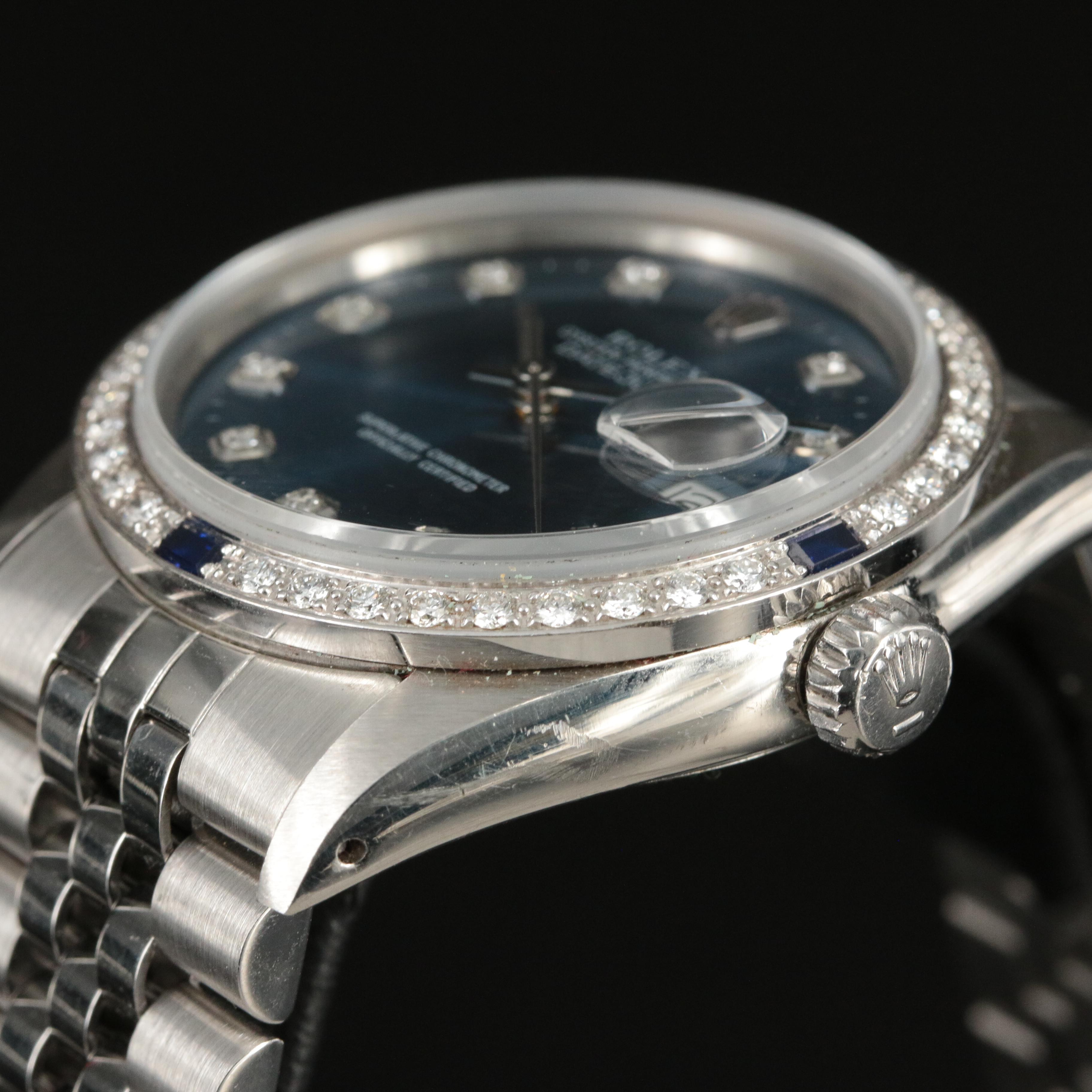 1977 Rolex Custom Diamond and Sapphire Bezel, Diamond Dial Datejust Watch