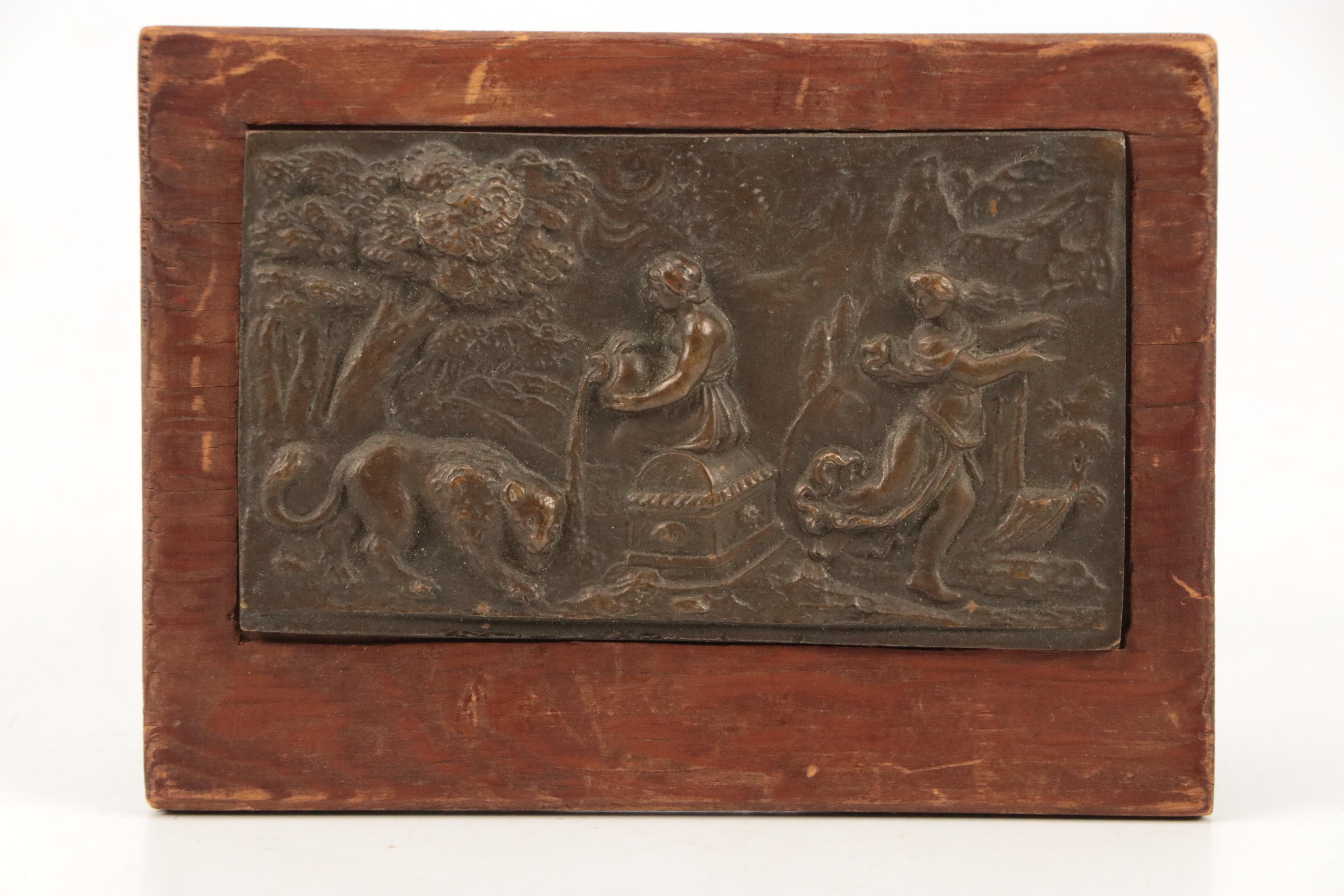 Classical Motif Bronze Low Relief Plaques on Wood