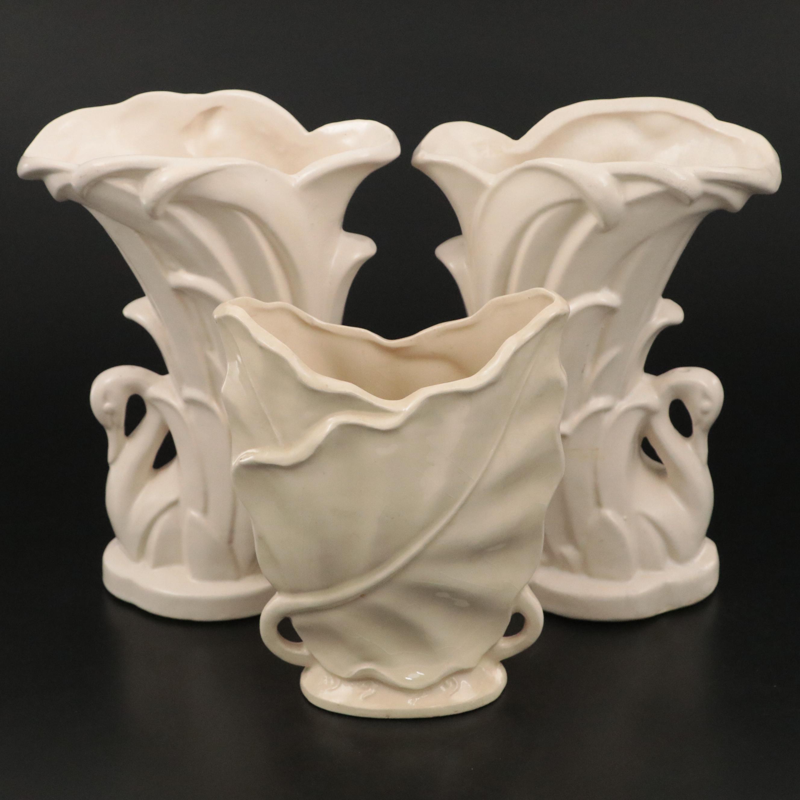 McCoy American Art Pottery Ceramic Off White Glazed Ceramic Vases, Mid