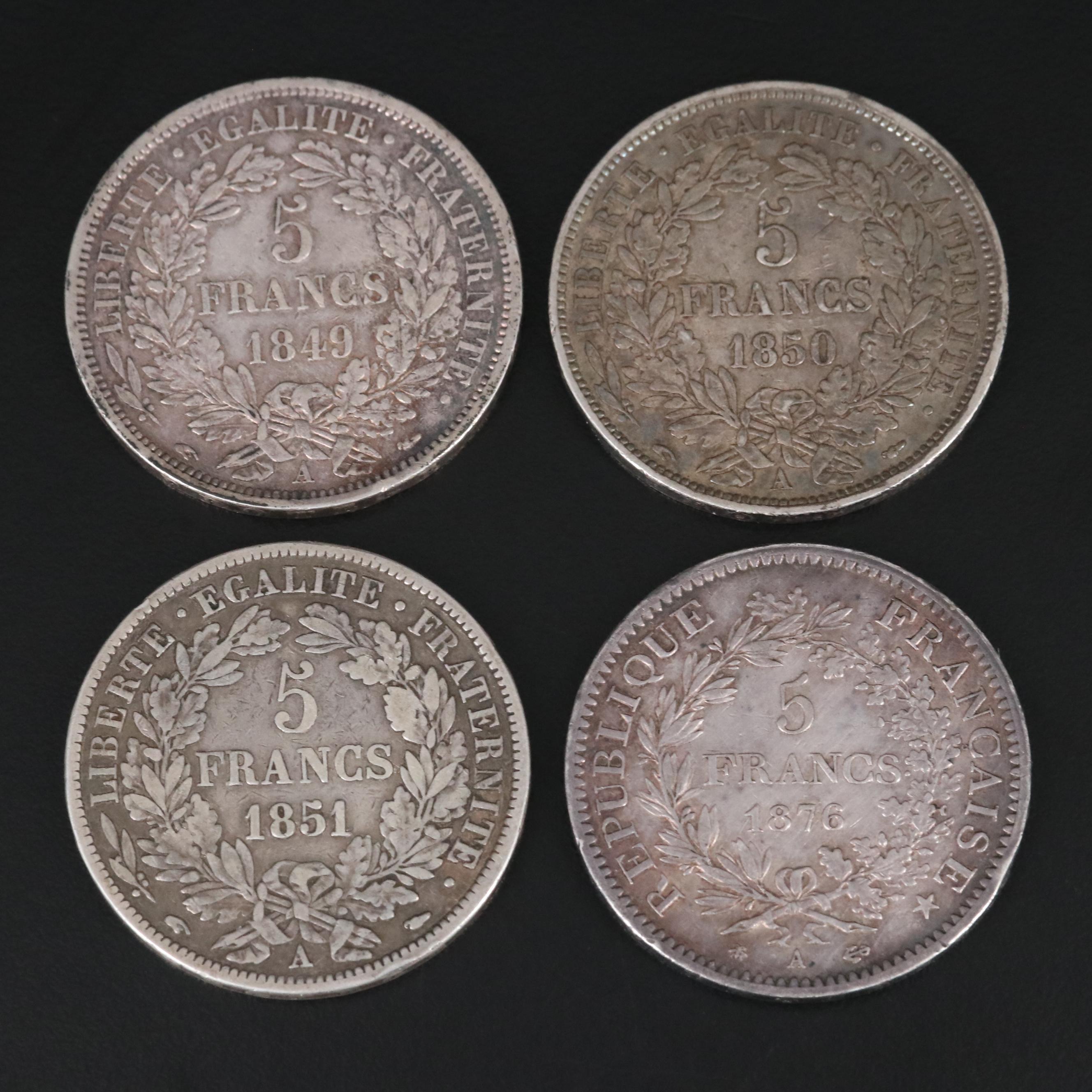 Group of Four French Silver Five Francs Coins