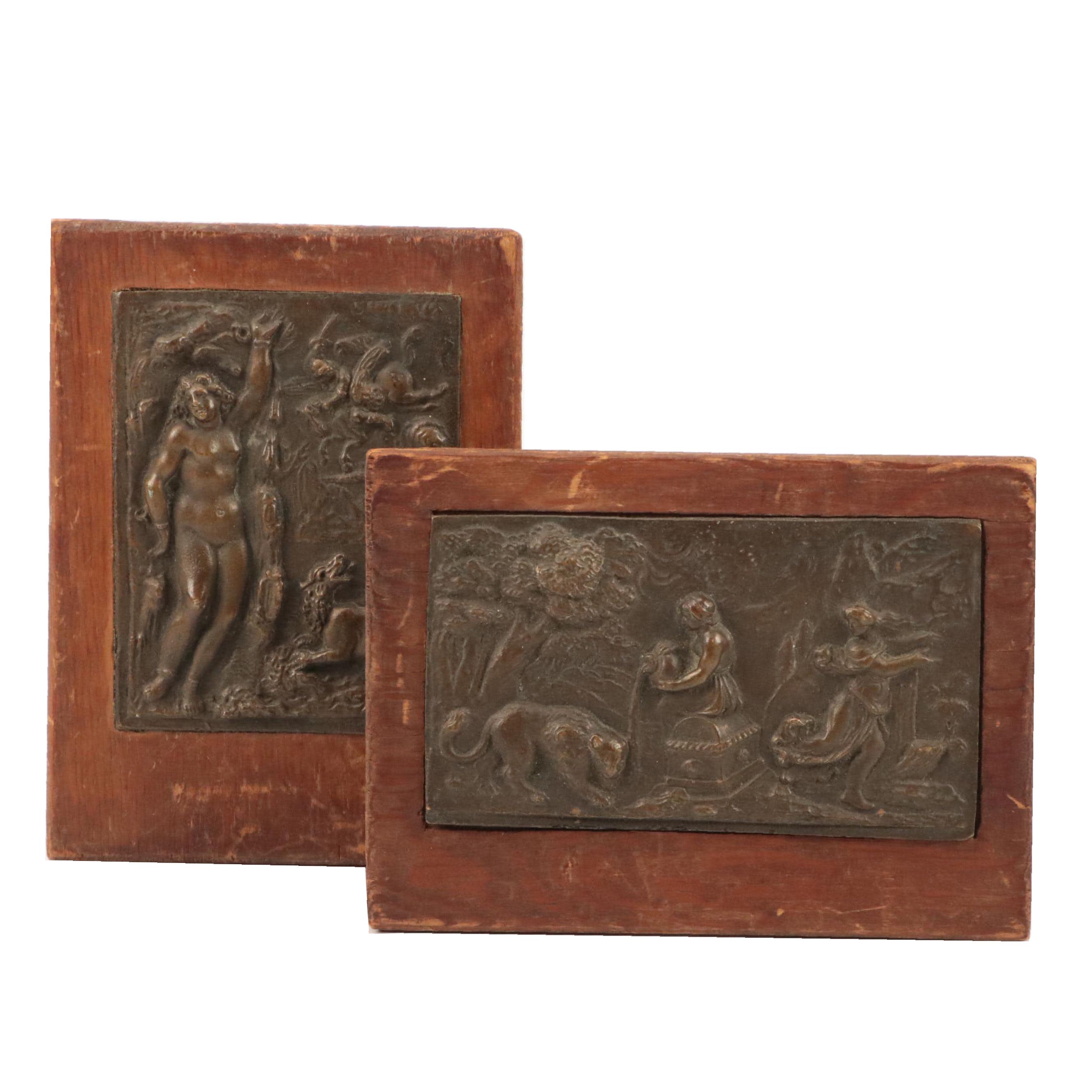 Classical Motif Bronze Low Relief Plaques on Wood
